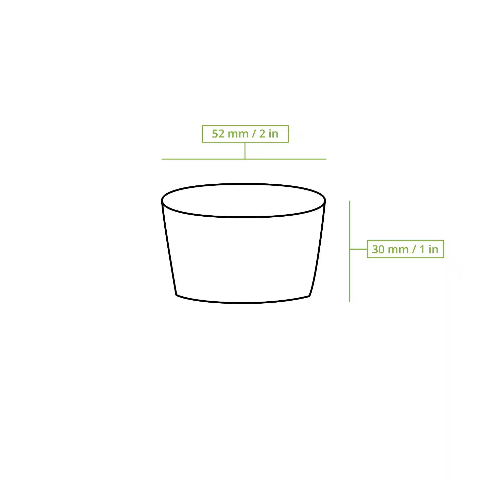 Schematische Zeichnung eines Bechers mit Maßen, Höhe 30 mm und oberer Durchmesser 52 mm.