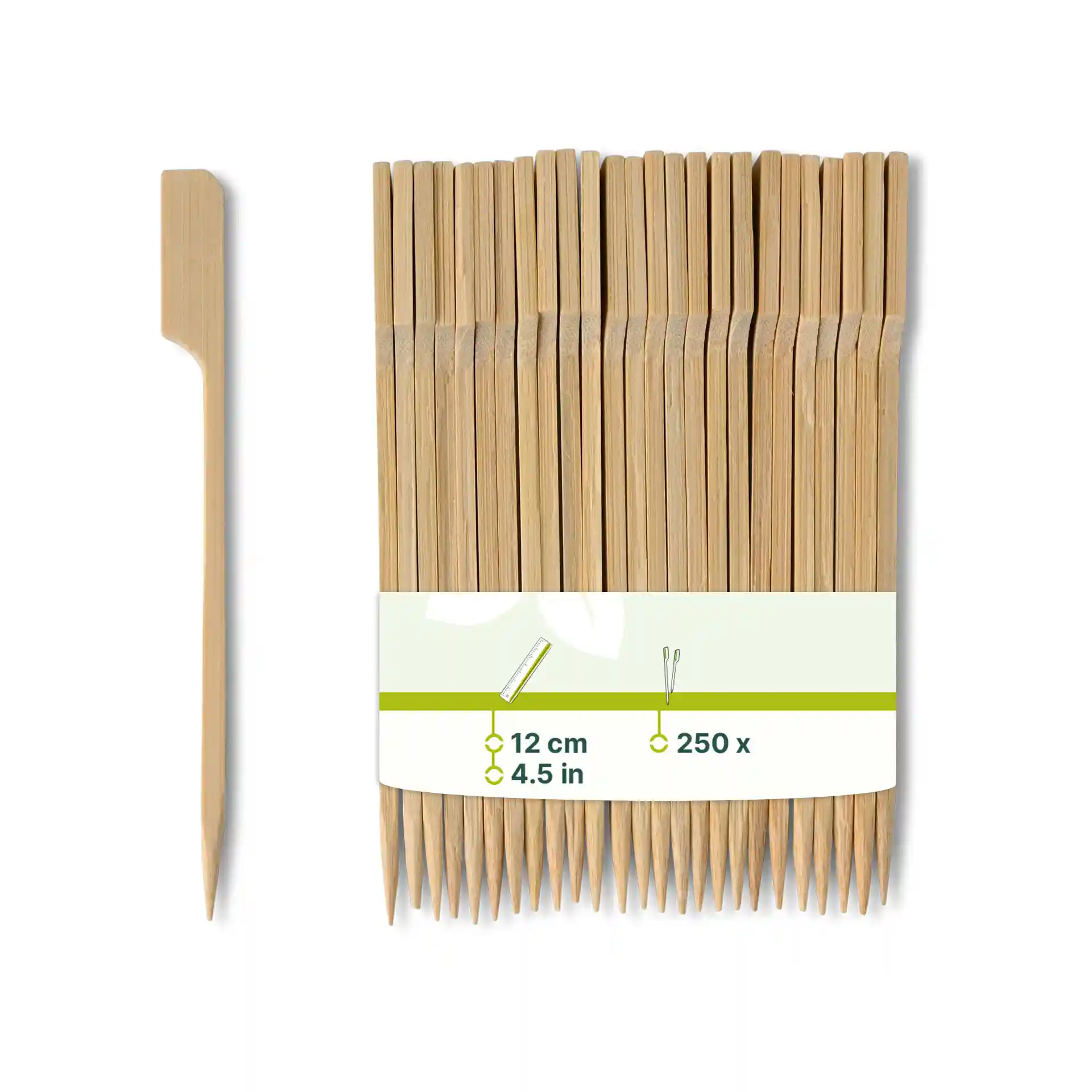 Bambus-Spieße, 12 cm lang, braune Farbe, mit einem Etikett, das Produktdetails zeigt, und mehreren Spießen im Bund.