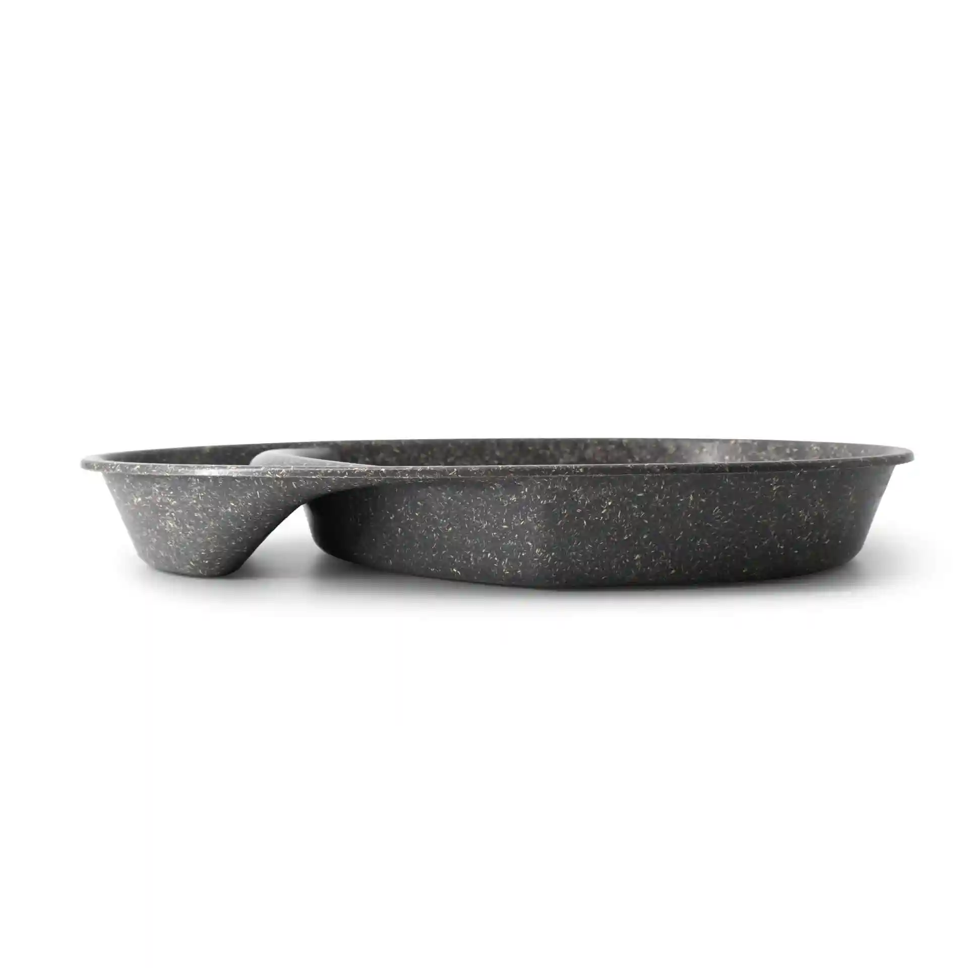 Wiederverwendbarer geteilter Teller in Grau mit zwei Fächern, 27,5 × 20 × 3,5 cm groß.