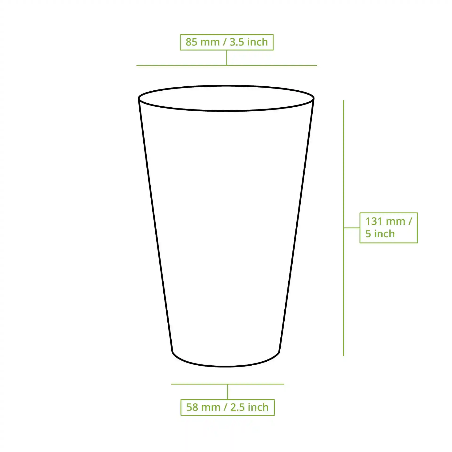 Schematische Zeichnung eines transparenten, wiederverwendbaren Bechers mit Abmessungen: Höhe 131 mm, oberer Durchmesser 85 mm, unterer Durchmesser 58 mm.