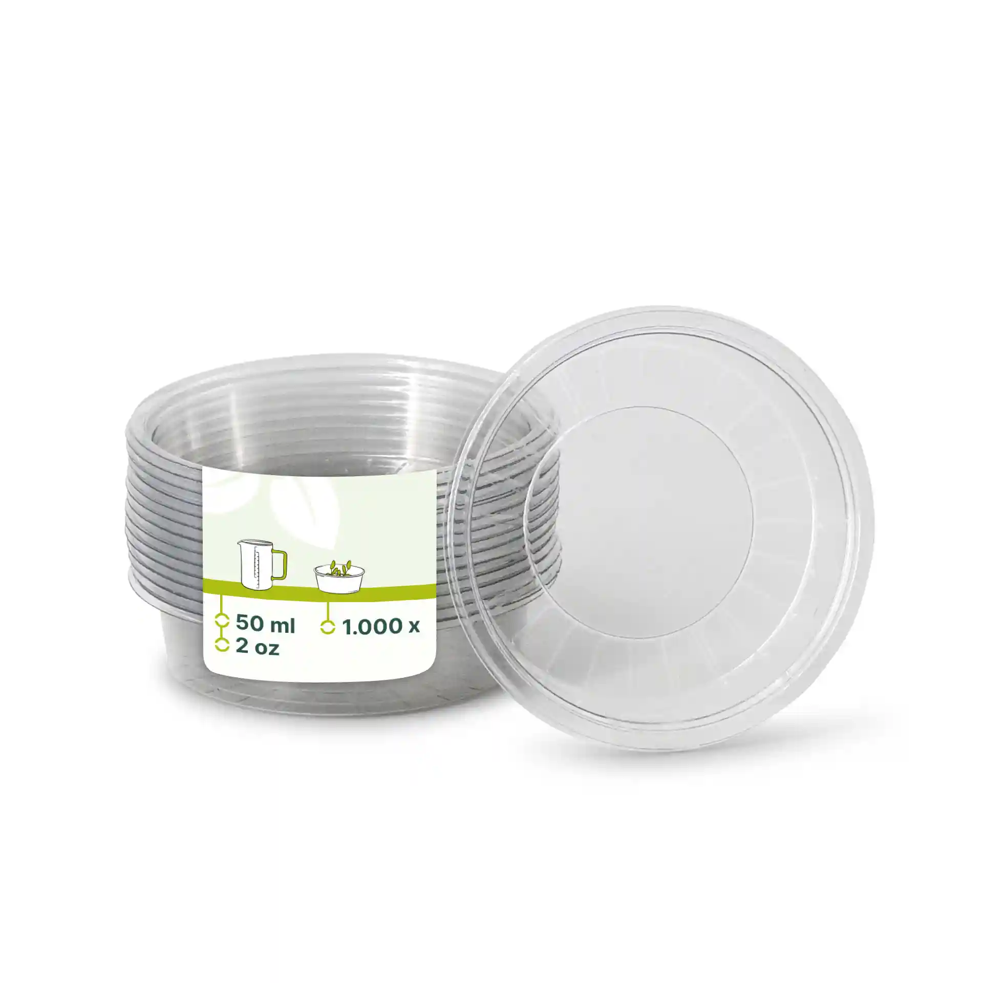 Clear round rPET sauce pots with a diameter of 75 mm, stacked with a label showing capacity of 50 ml.