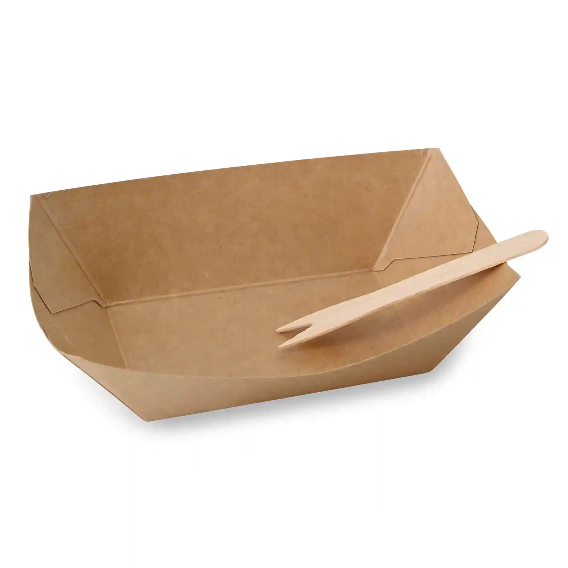 Brown cardboard snack tray with a wooden fork, rectangular shape, dimensions 13.5 x 9.5 x 3.5 cm.