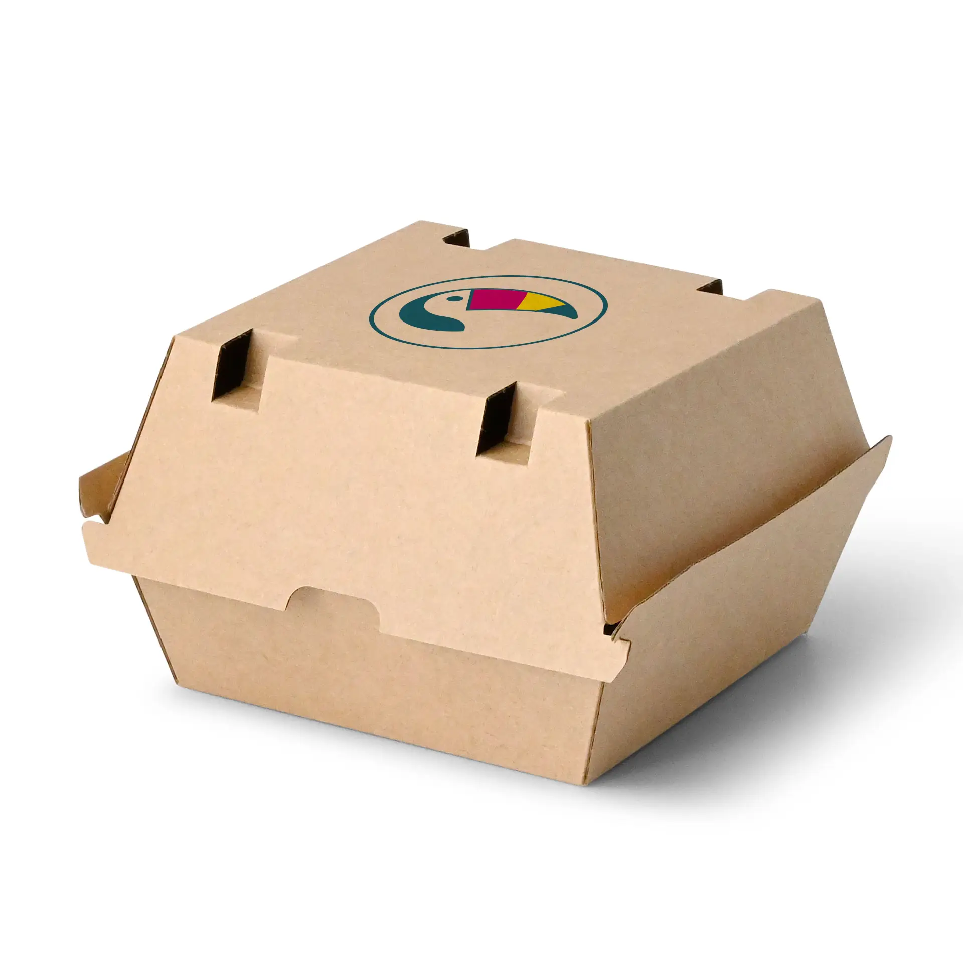 Printed burger boxes, 16.8 x 15.8 x 9.8 cm, brown