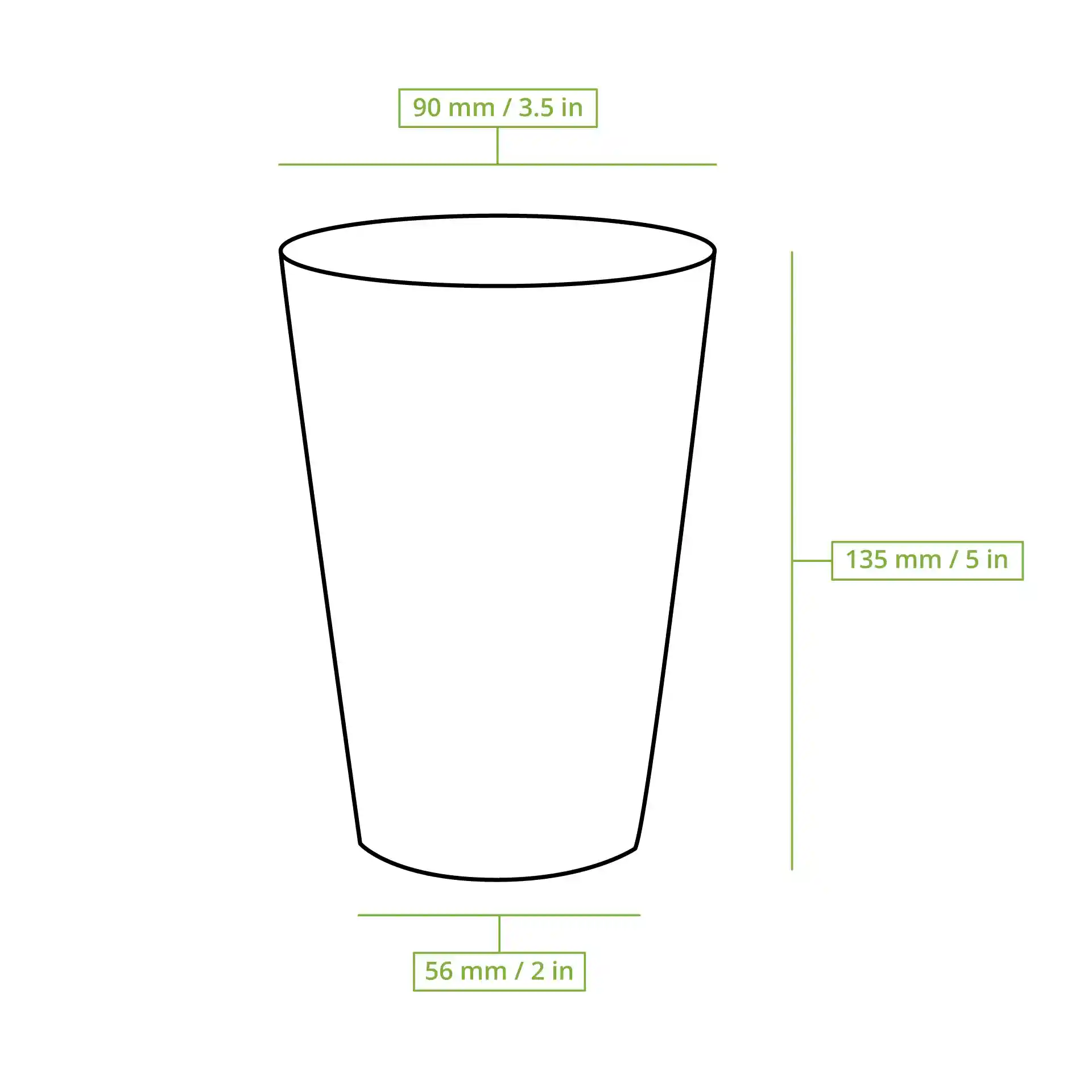 Schematic drawing of a paper cup with dimension lines showing height of 135 mm, top diameter of 90 mm, and base diameter of 56 mm.