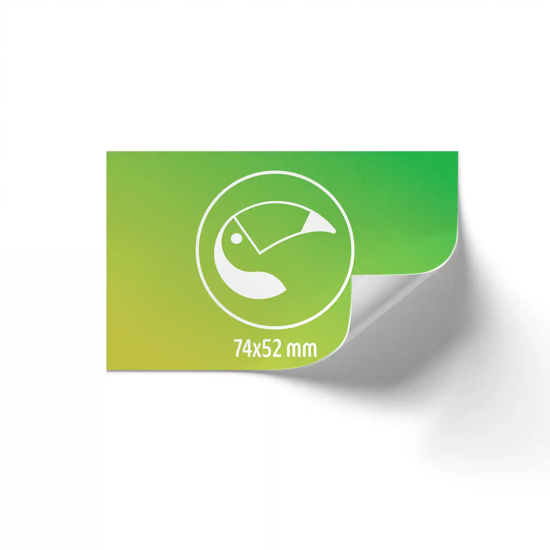 Rectangular printed label with a green gradient background and a white logo, measuring 74x52 mm.