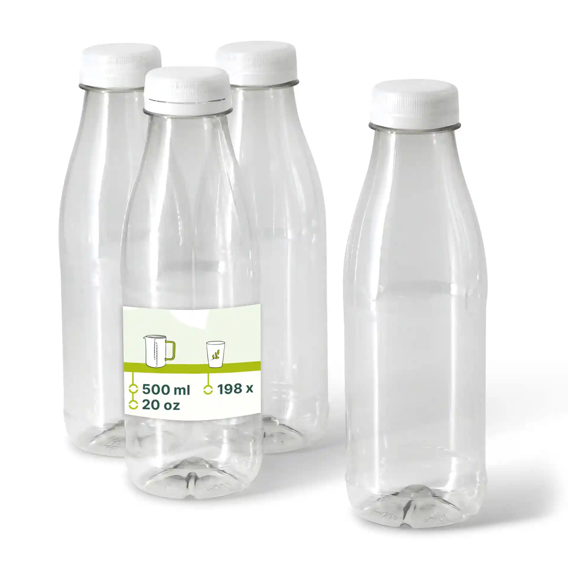Vier klare rPET-Flaschen mit weißen Deckeln, jeweils 500 ml, auf einem schlichten Hintergrund.