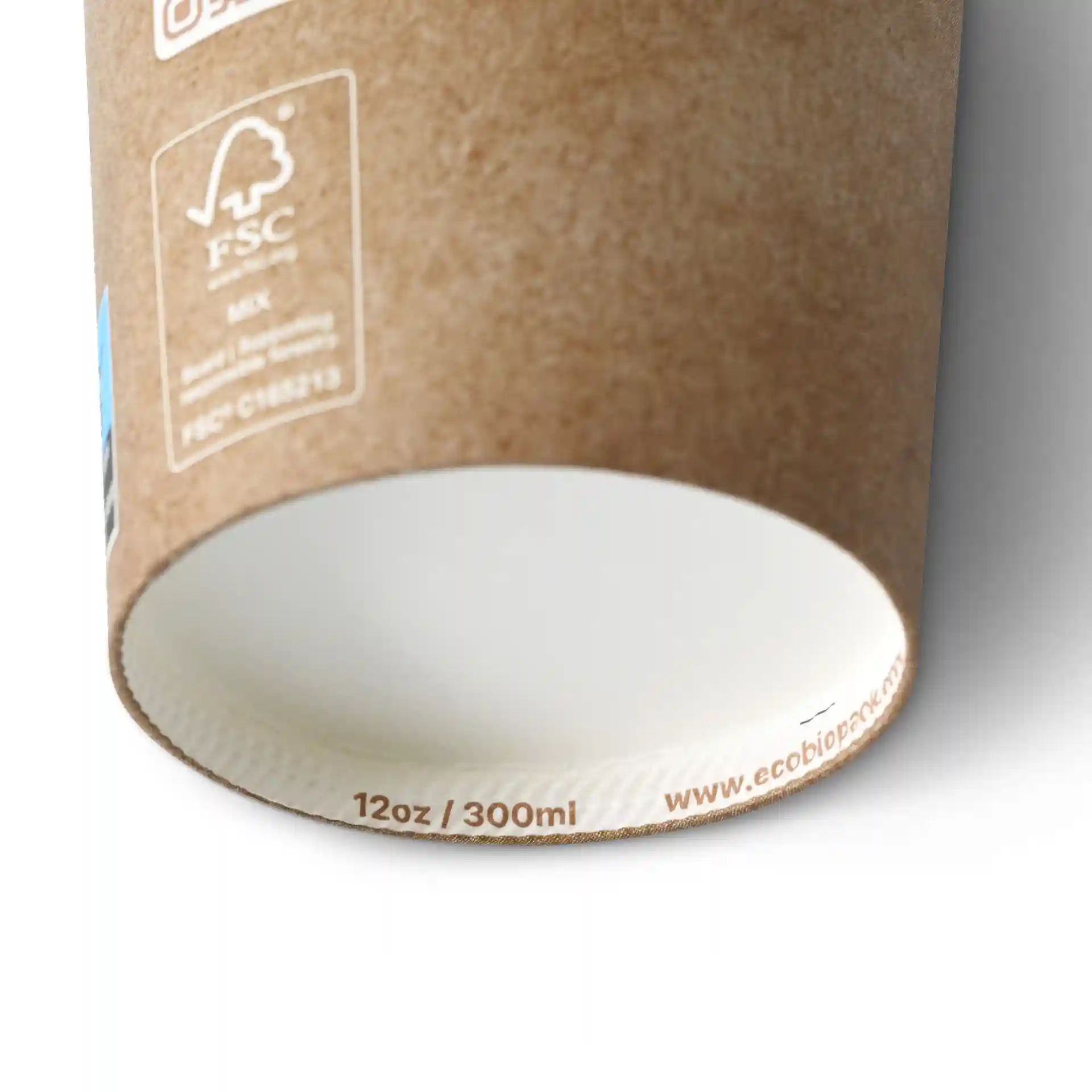 Brown paper cup with a white inner lining, 300 ml / 12 oz capacity, showing the bottom edge and printed details.