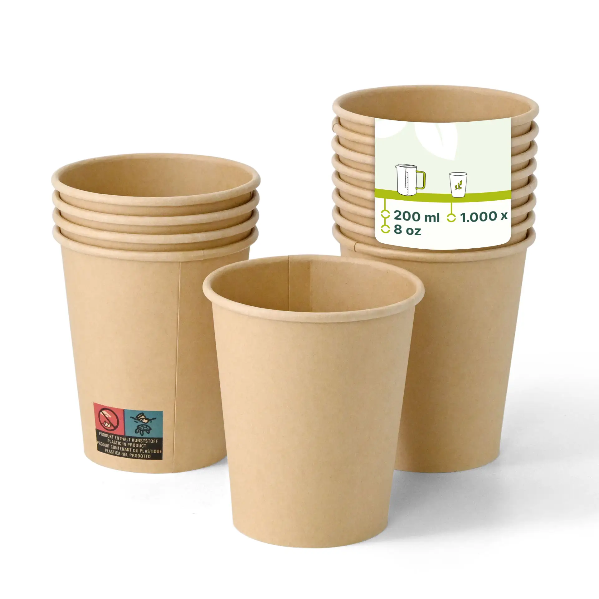 Brown single wall paper cups stacked, with one cup in front showing a plain design and a label with markings.