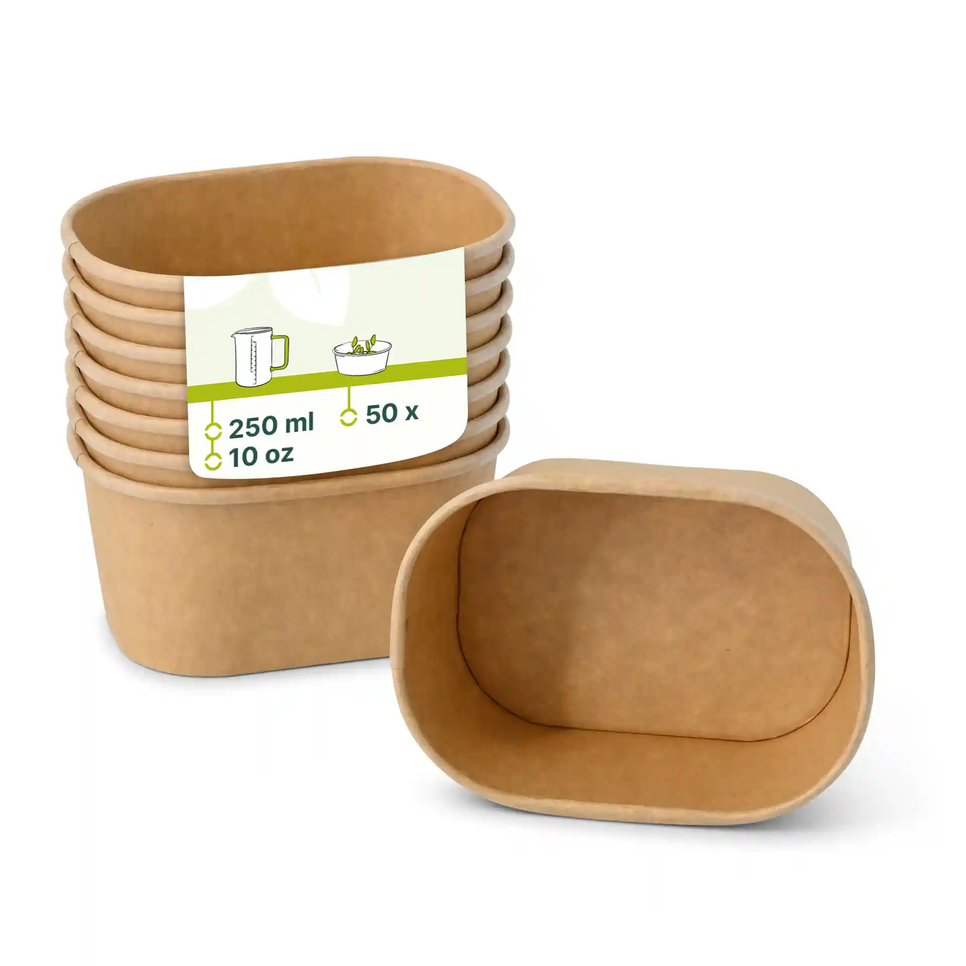 Rectangular kraft food containers stacked, with one container in front, showing a label with volume and quantity details.