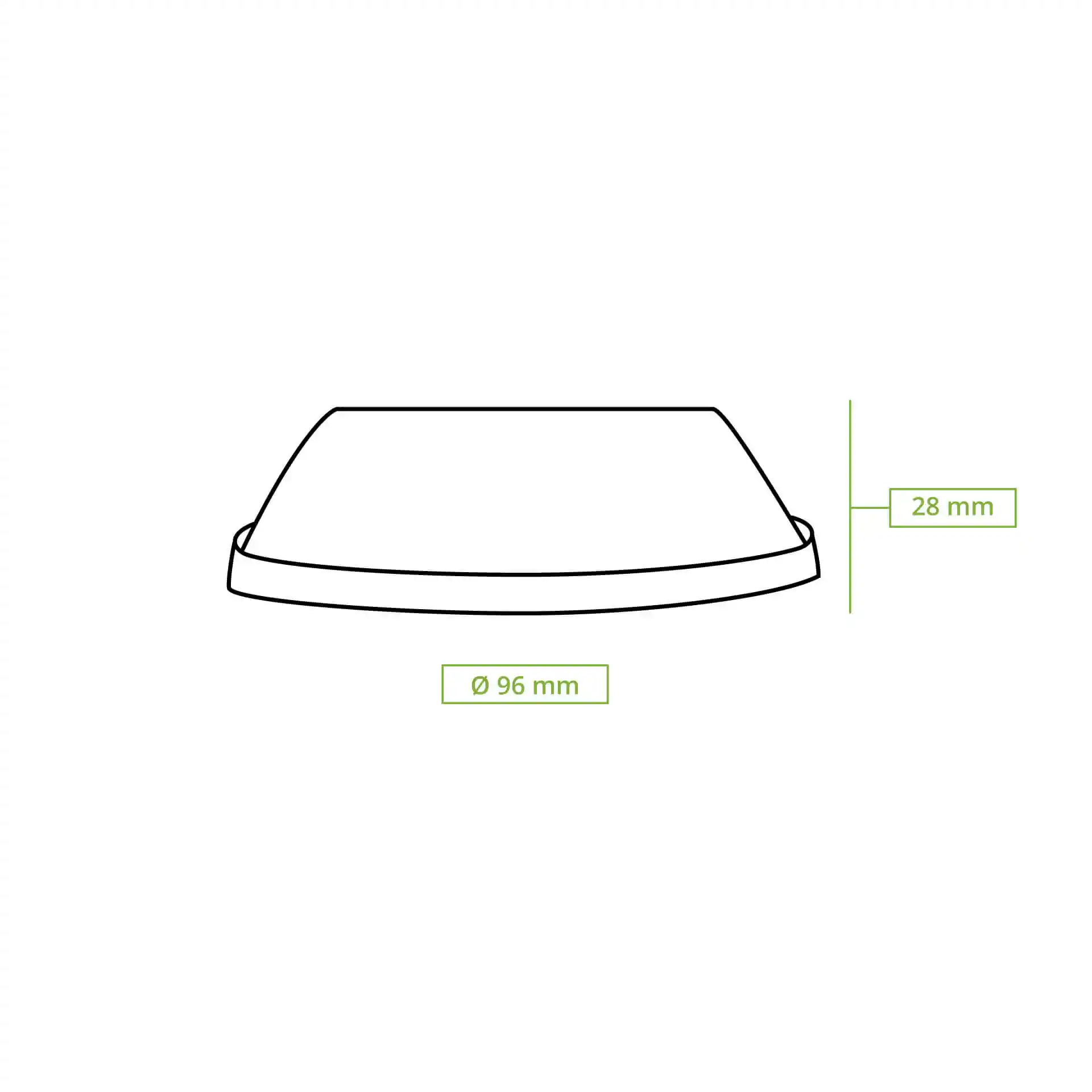 Schematische Zeichnung eines Deckels mit einem Durchmesser von 96 mm und einer Höhe von 28 mm.