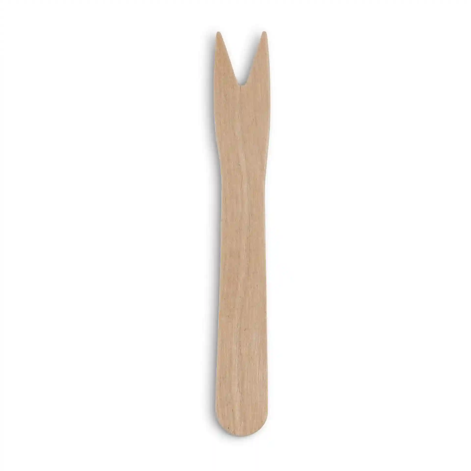 Wooden chip fork, 8.5 cm long, with a forked end and a smooth brown wooden surface.