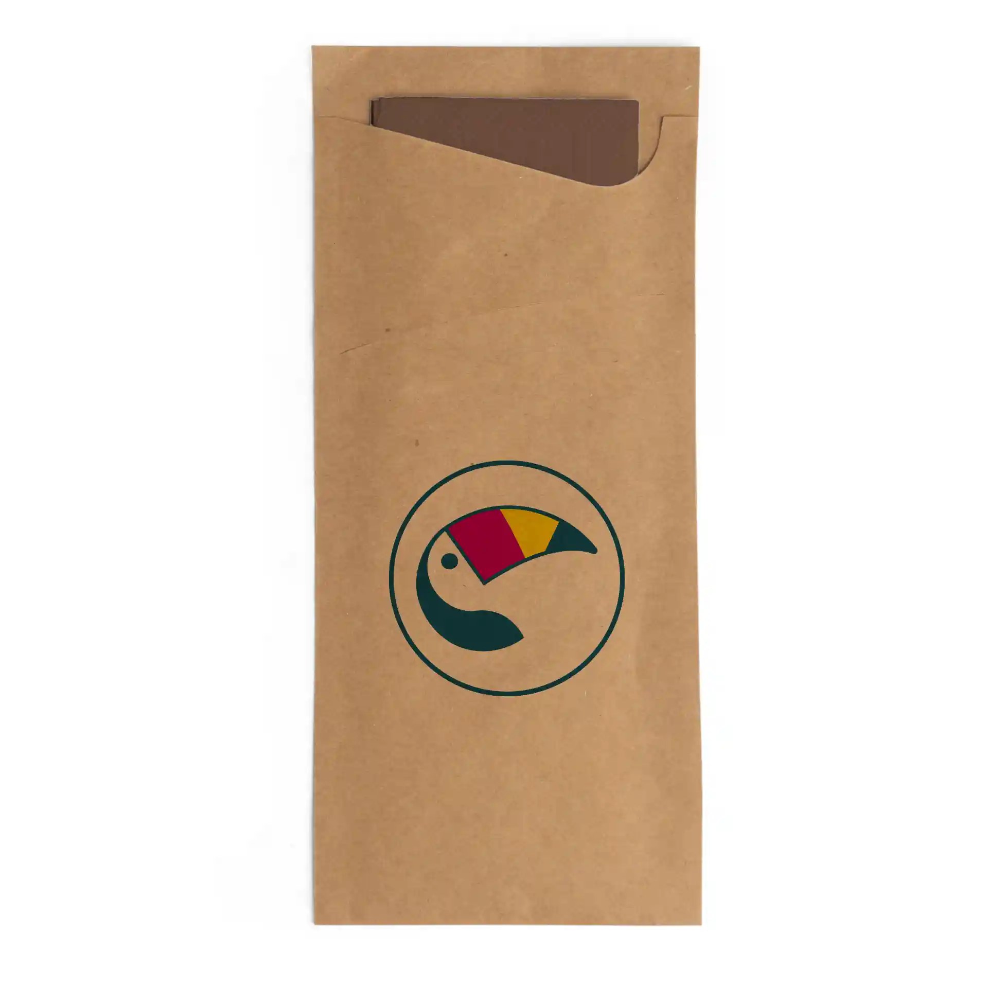 Brown printed cutlery pouch with a circular toucan design, containing a brown napkin inside.