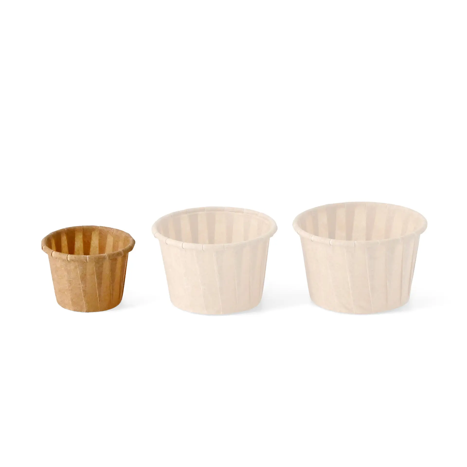 Three brown and white paper cups in varying sizes, designed for sauces or dips, arranged from smallest to largest.