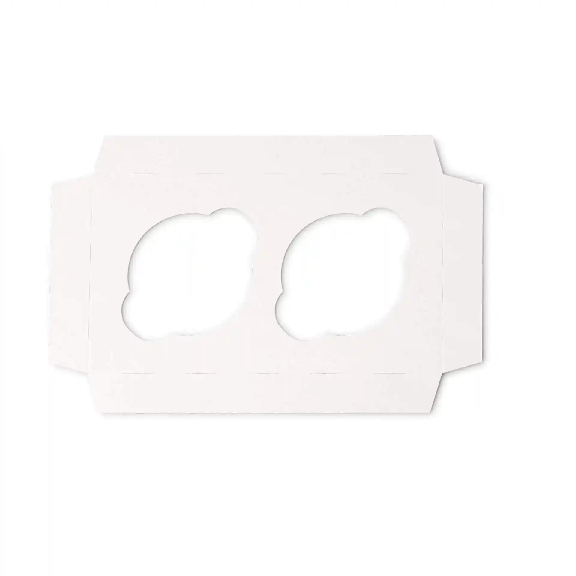 White cardboard insert with two cut-out shapes for cupcakes, designed for use in cupcake boxes.