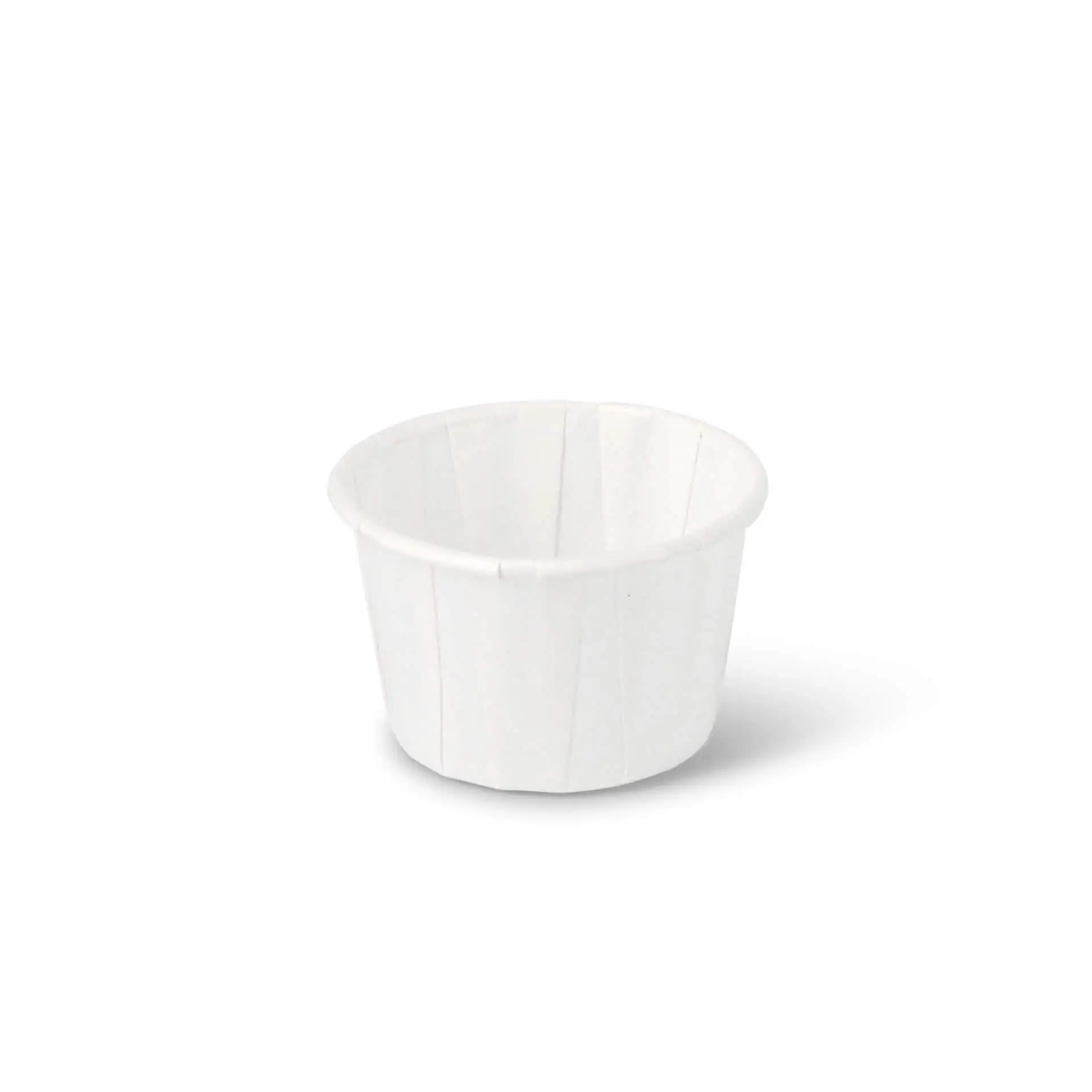 Weißer Becher mit runder Form und vertikalen Rillen, geeignet für Dips und kleine Portionen, 45 ml Volumen.