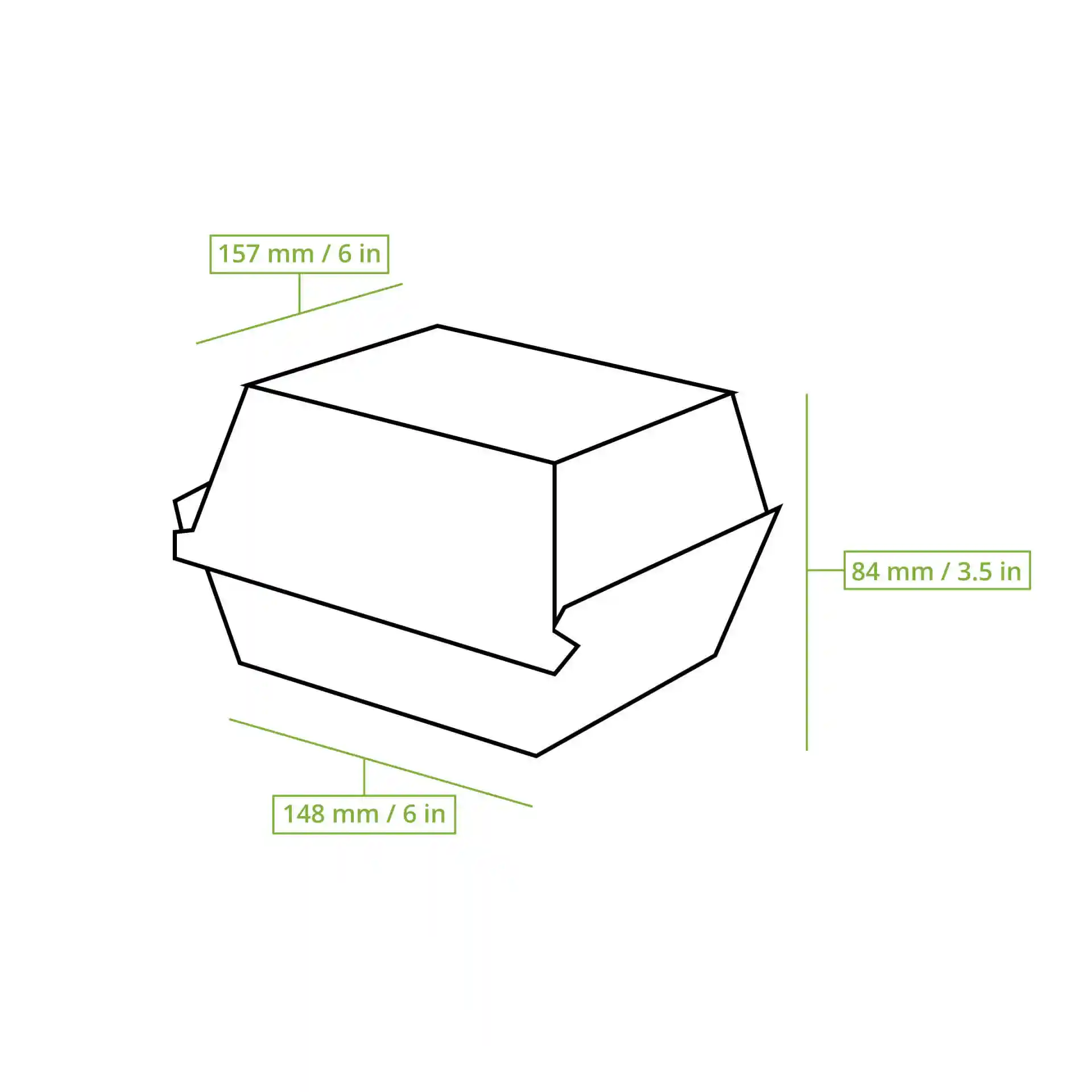 Schematische Zeichnung einer wiederverwendbaren Burgerbox mit Maßlinien für Höhe, Länge und Breite.