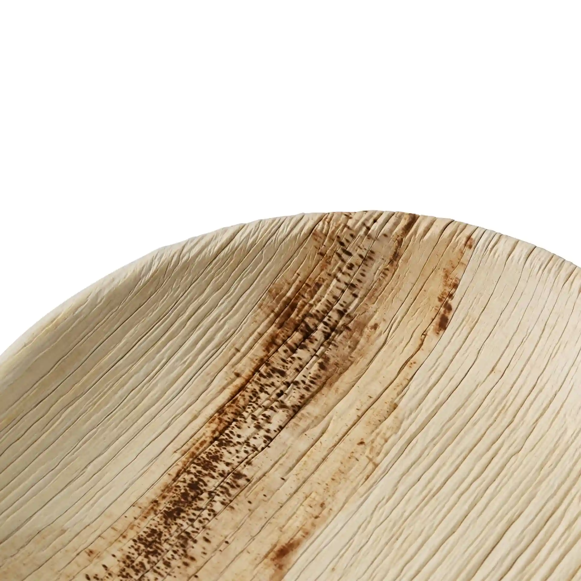 Runde Palmblattplatte mit strukturierter Oberfläche und natürlichem Holzmaserung, 15 cm Durchmesser.