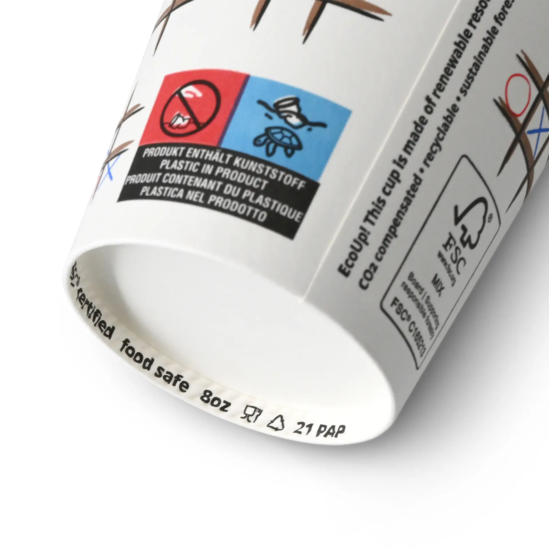 Pappbecher bedruckt "Tic Tac Toe" (beschichtet) 200 ml / 8 oz, Ø 80 mm, weiß