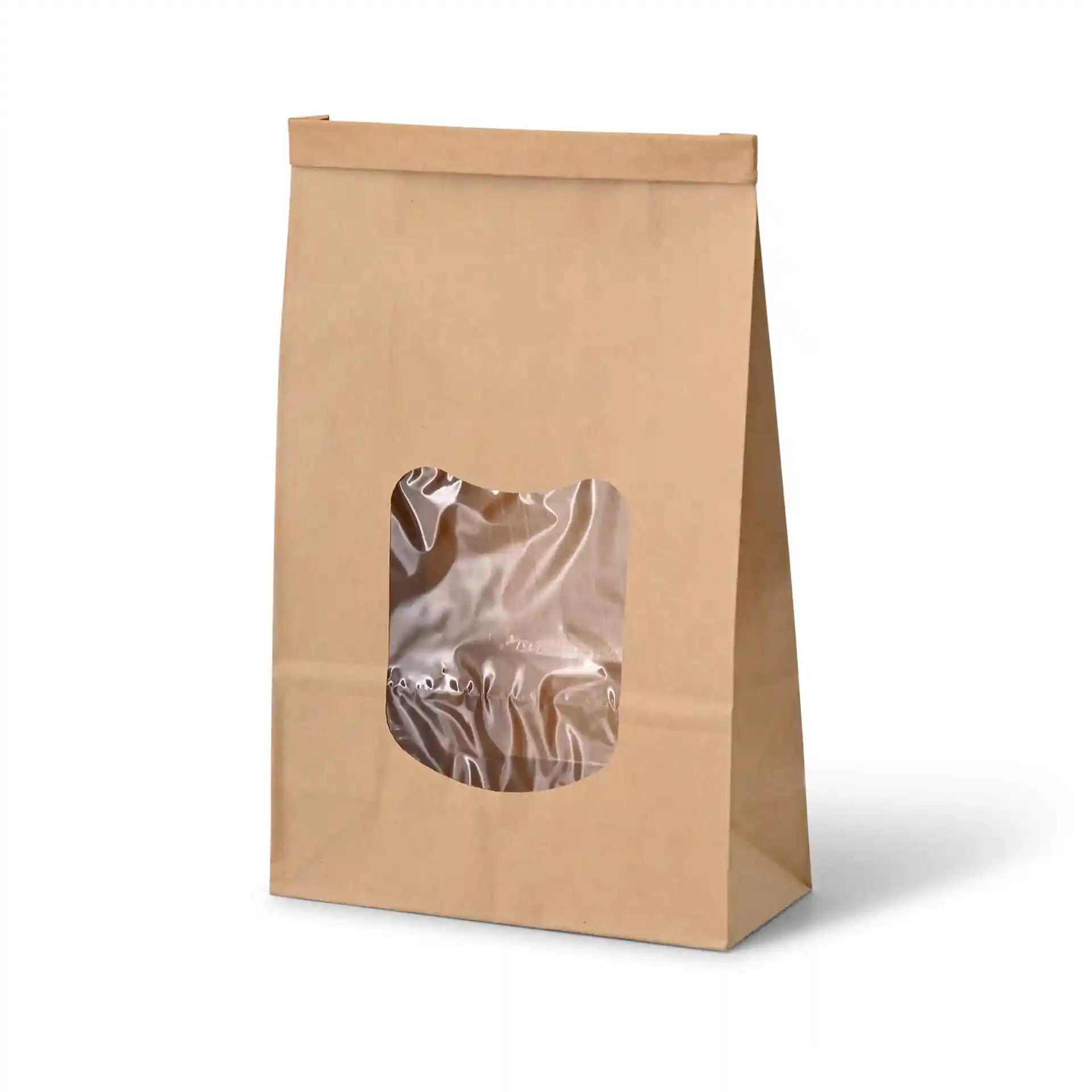 Brown block bottom bag with a transparent window, measuring 15.5 x 7 x 24 cm, made of kraft paper.