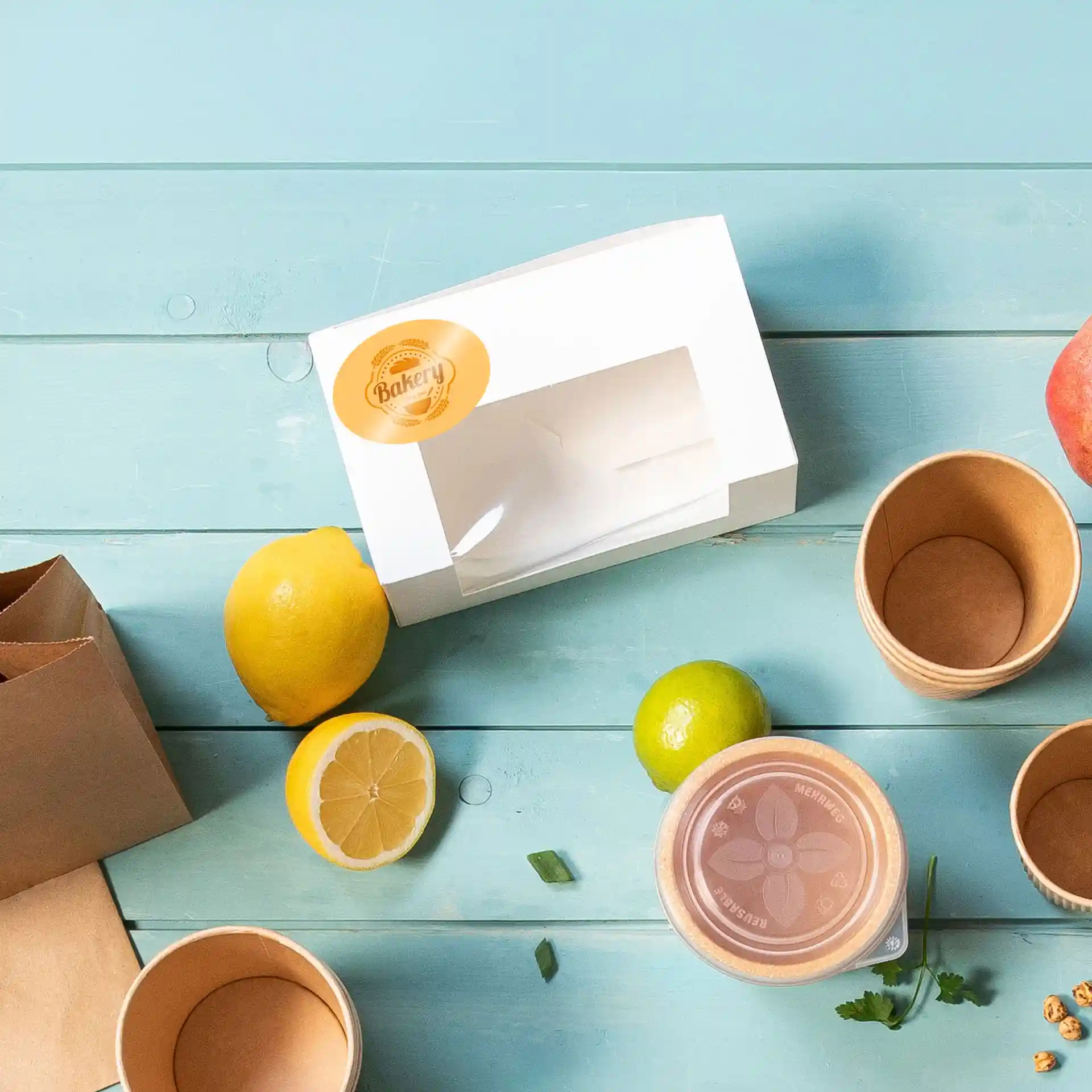 Weiße Bäckereibox mit transparentem Fenster, umgeben von Zitronen, Limetten und Bechern auf einer blauen Holzoberfläche.
