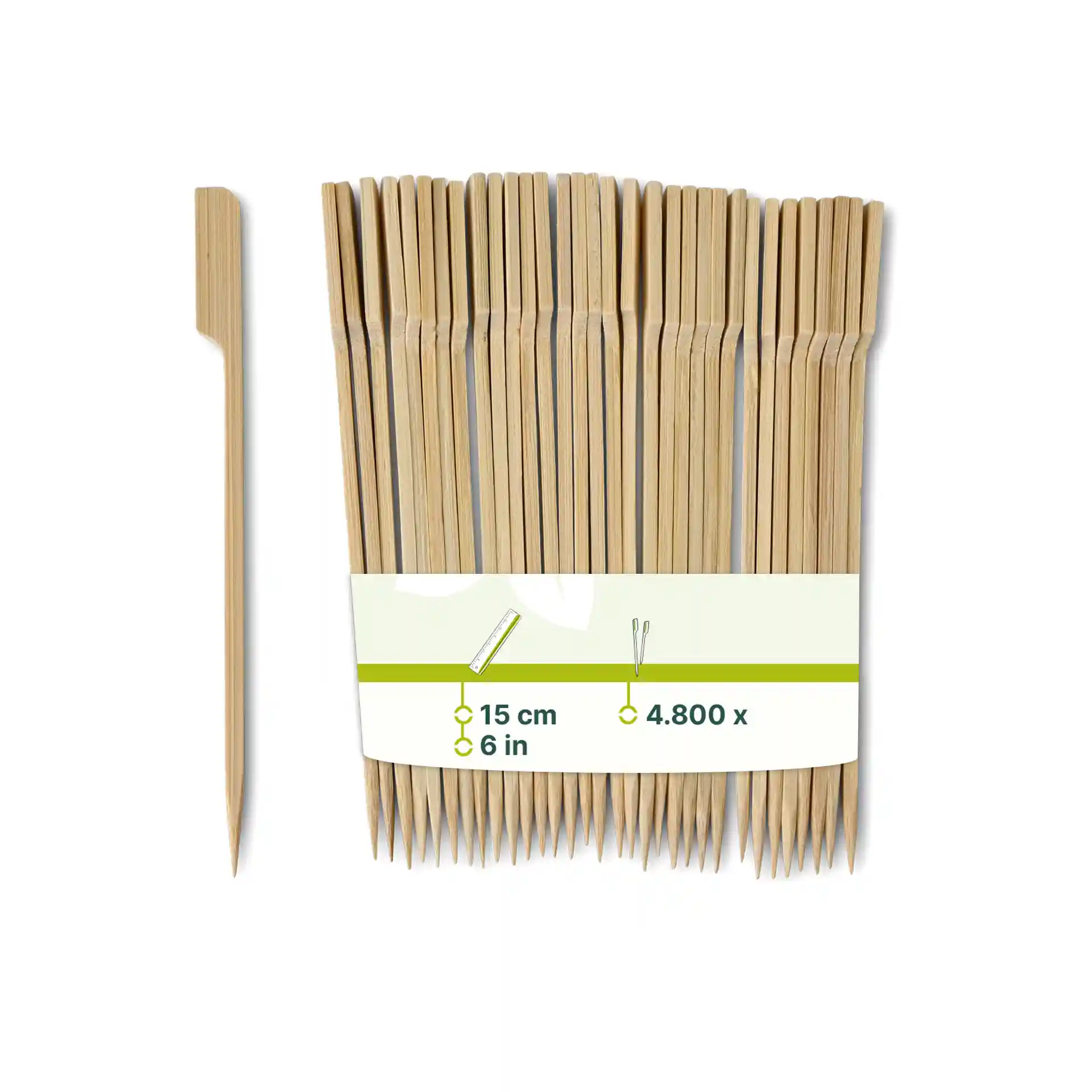 Bamboo paddle skewers, 15 cm long, with a brown color, shown in a bundle with a label.