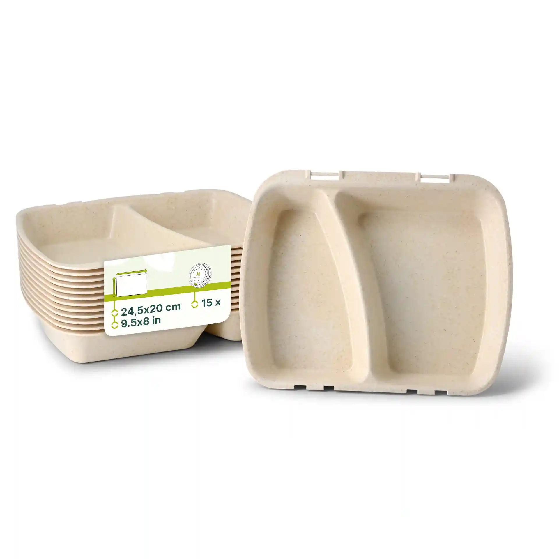 Two-compartment reusable meal containers in cream white, stacked with a label showing dimensions and quantity.