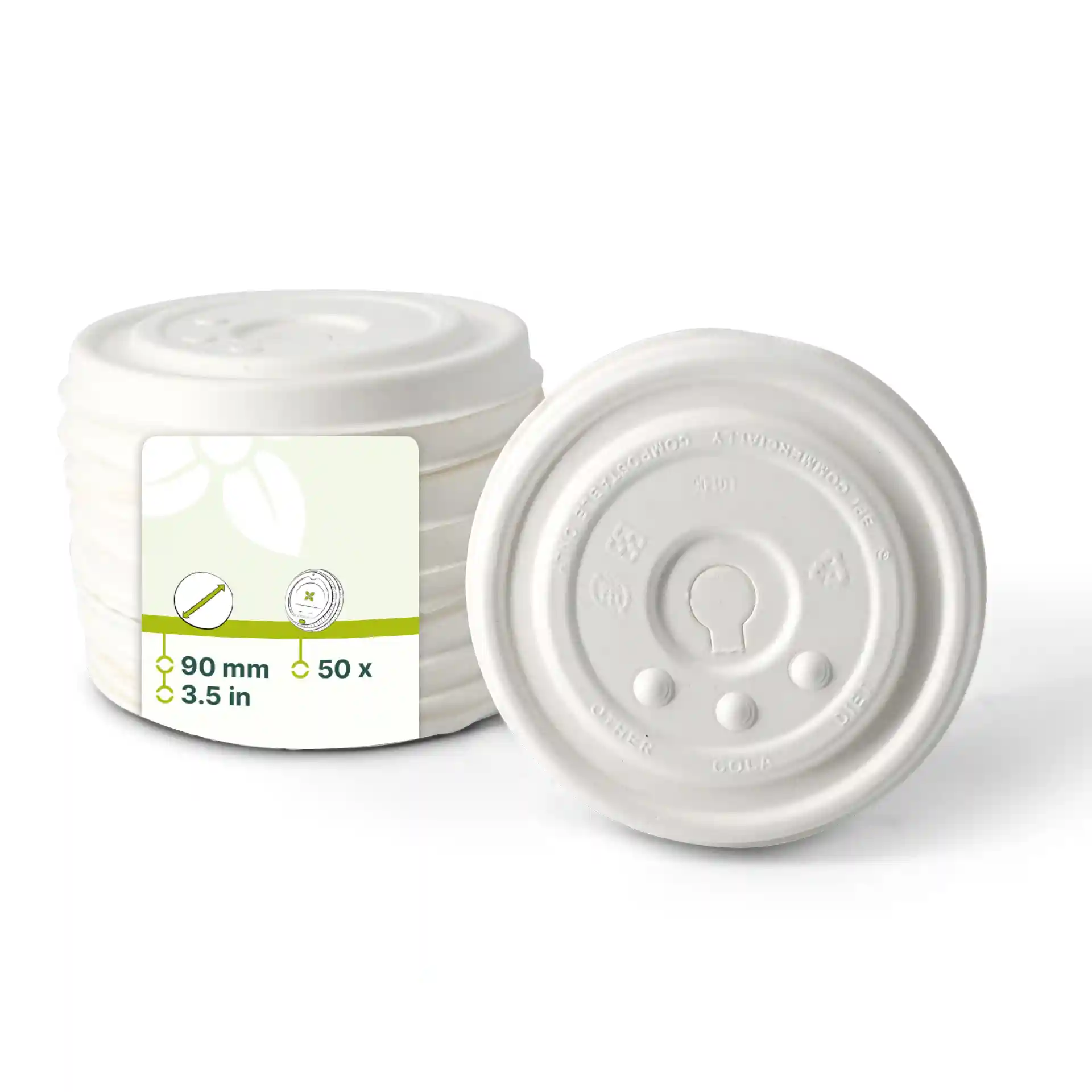White cardboard flat lids with a diameter of 90 mm, stacked with a label showing product details.