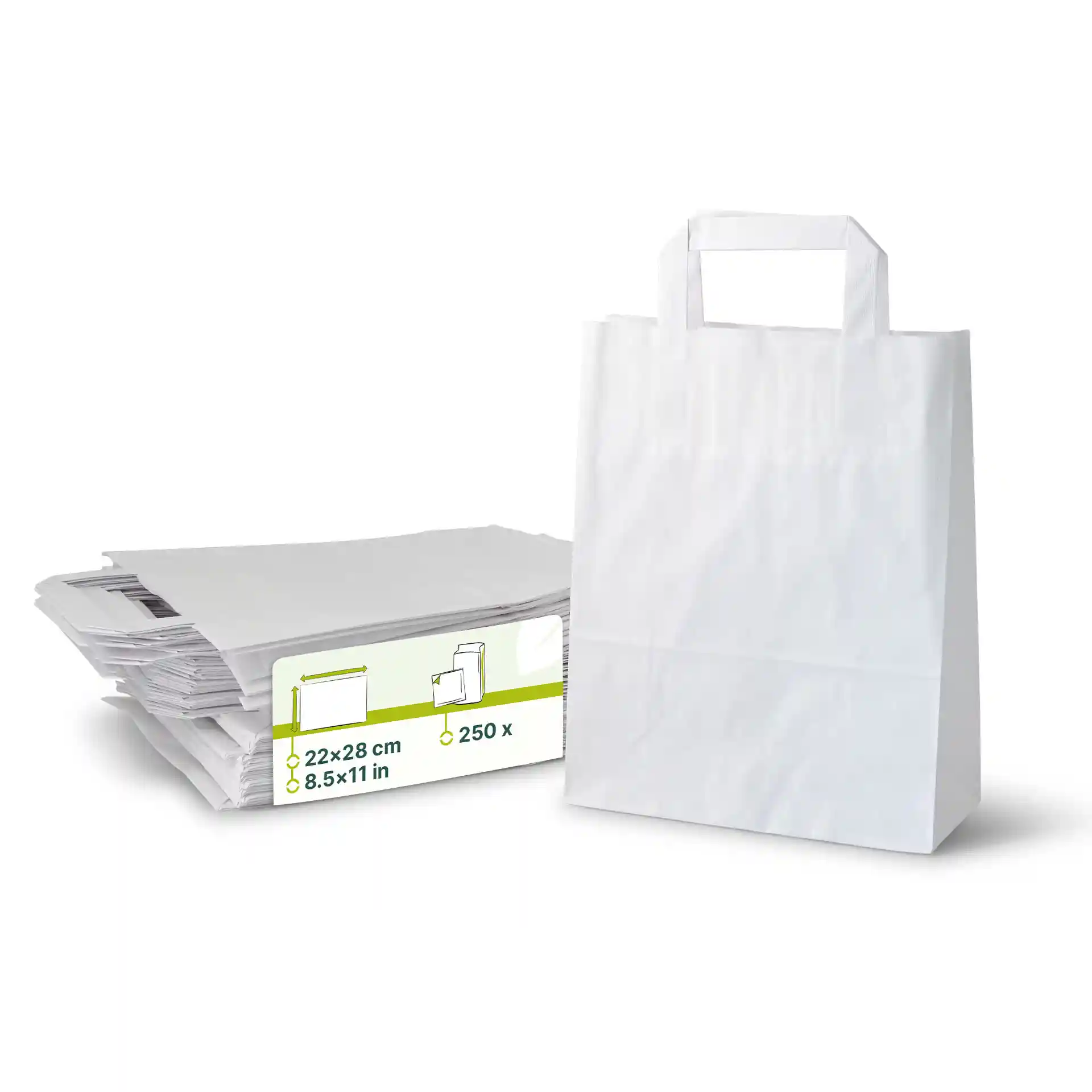 White kraft paper carrier bag with a flat handle, next to a stack of similar bags.