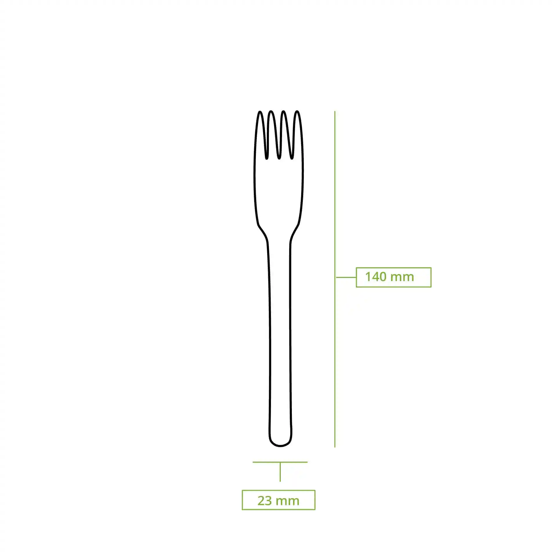 Schematische Zeichnung einer Holz-Kuchen-Gabel, 140 mm lang und 23 mm breit.