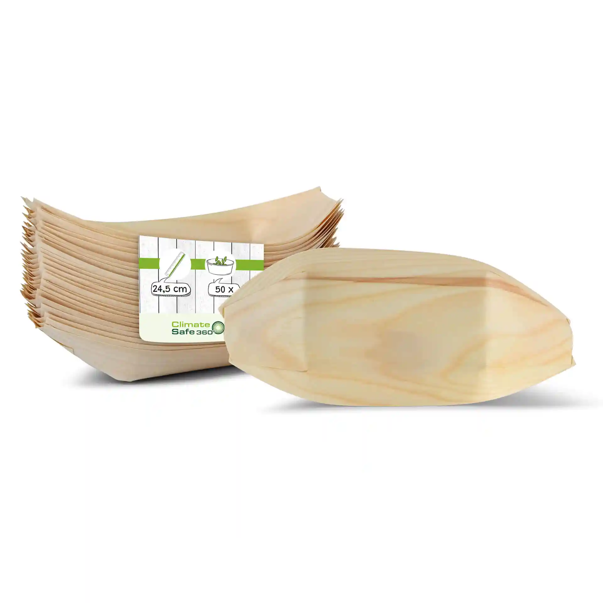 Packung mit Holzbooten, 24,5 cm lang, braun und in Bootform, gestapelt mit einem Etikett.