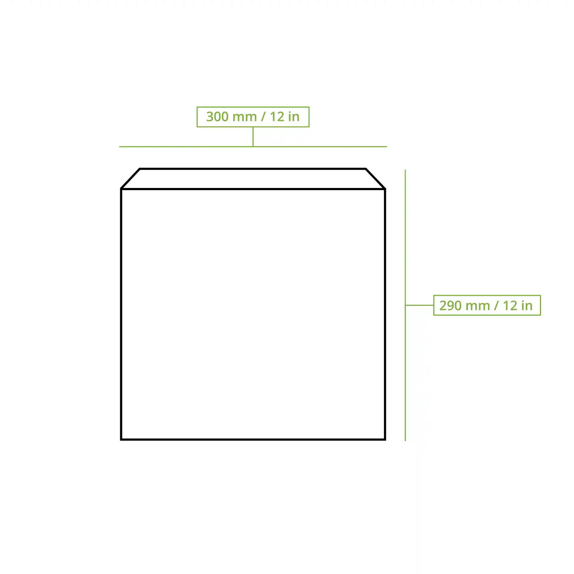 Schematische Zeichnung einer flachen Papiertüte mit den Maßen 300 mm x 290 mm, dargestellt mit Maßlinien.