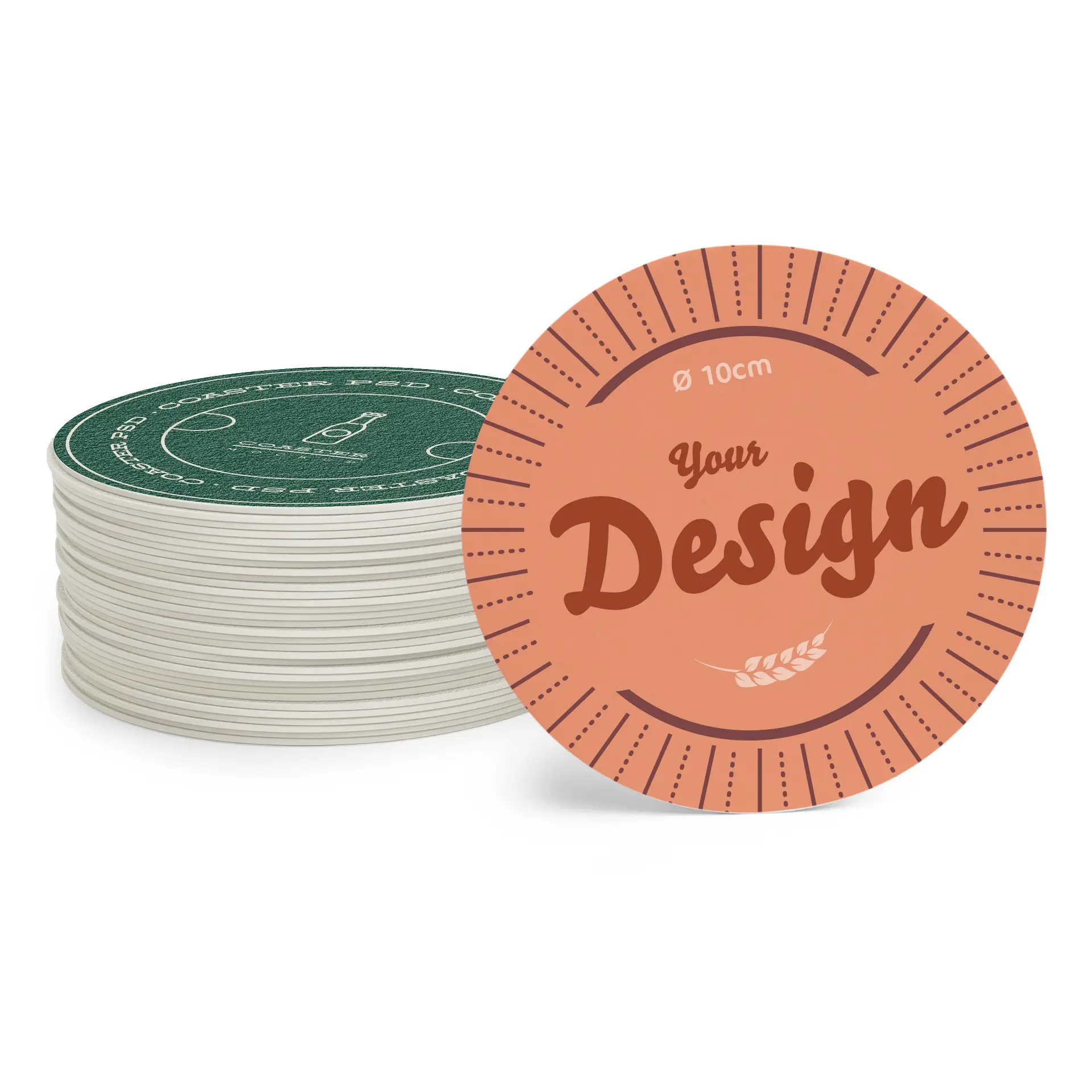 Stack of printed beer coasters with a 10 cm round design featuring customizable printing on a peach background.