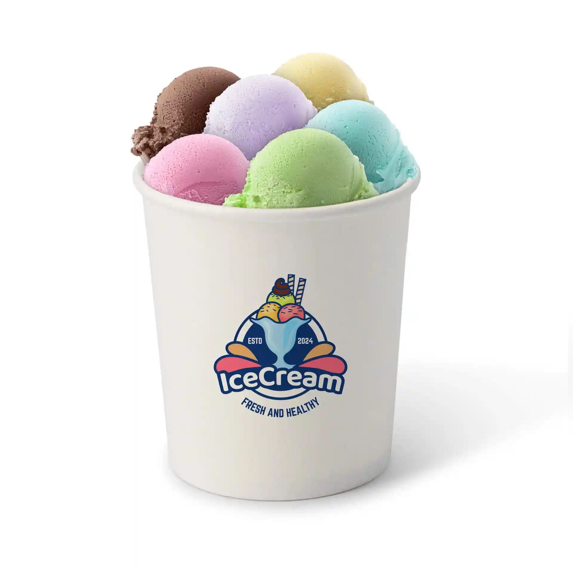 Round white cardboard cup filled with six scoops of colorful ice cream, featuring a logo on the front.