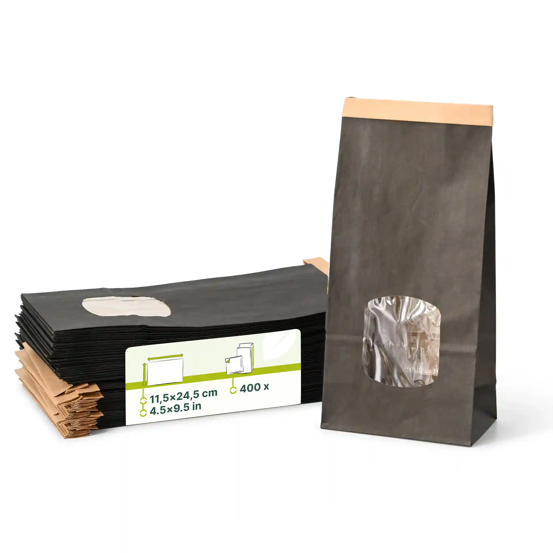 Black block bottom bags with a kraft paper top, featuring a viewing window, stacked with a label showing dimensions.
