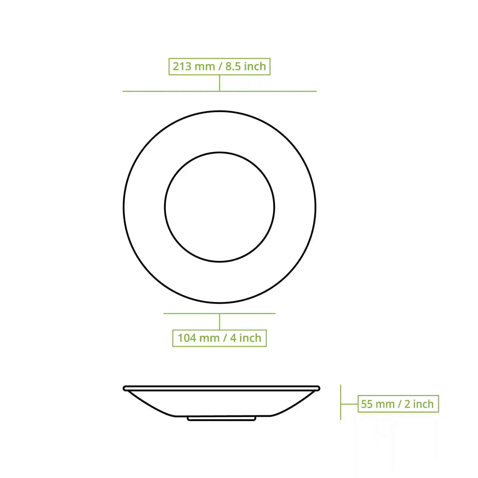 Schematic drawing of a round deep plate with dimensions: diameter 213 mm, height 55 mm, and bottom diameter 104 mm.