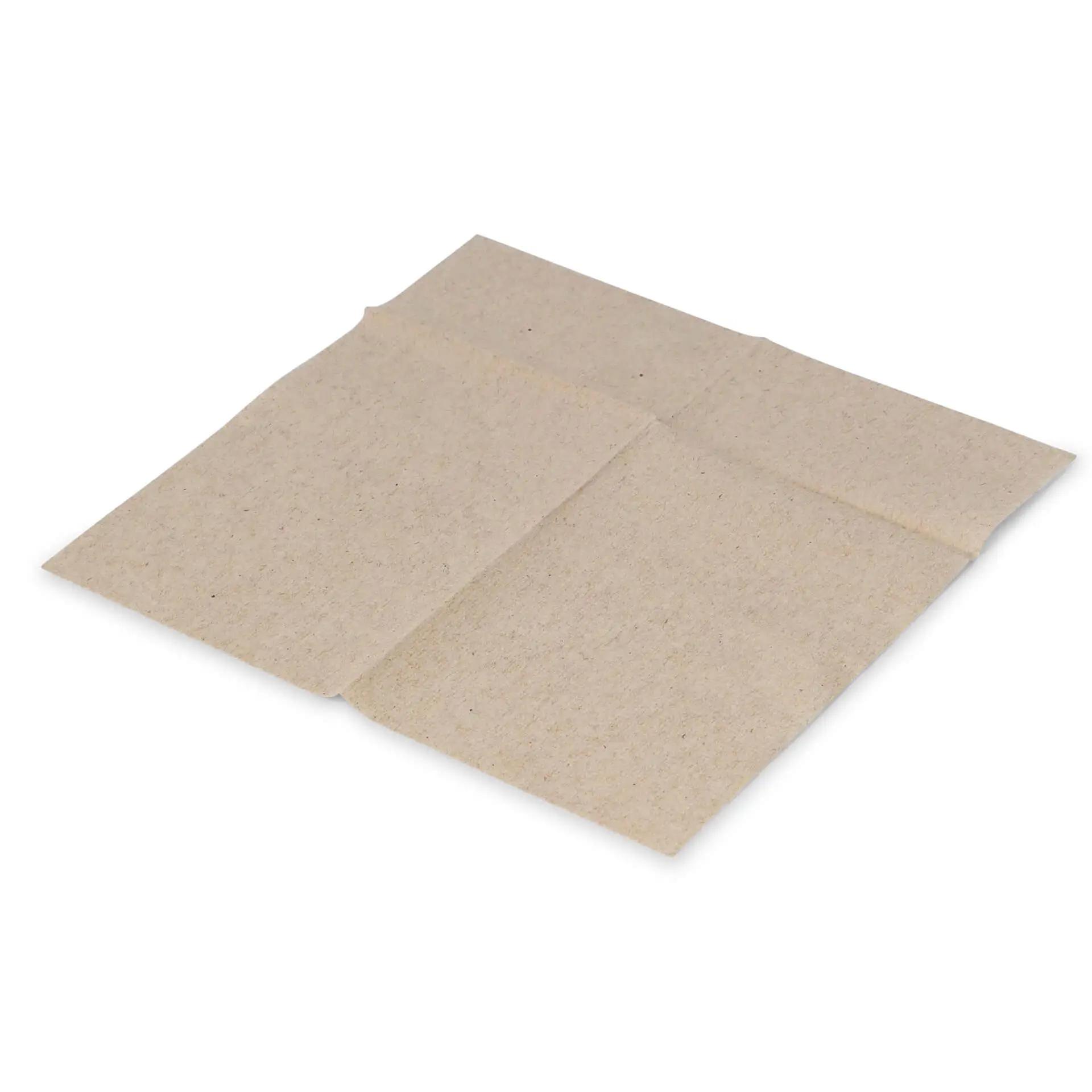 Rectangular unbleached rPaper napkin, 12 x 8.5 cm, folded, with a recycling symbol printed on it.