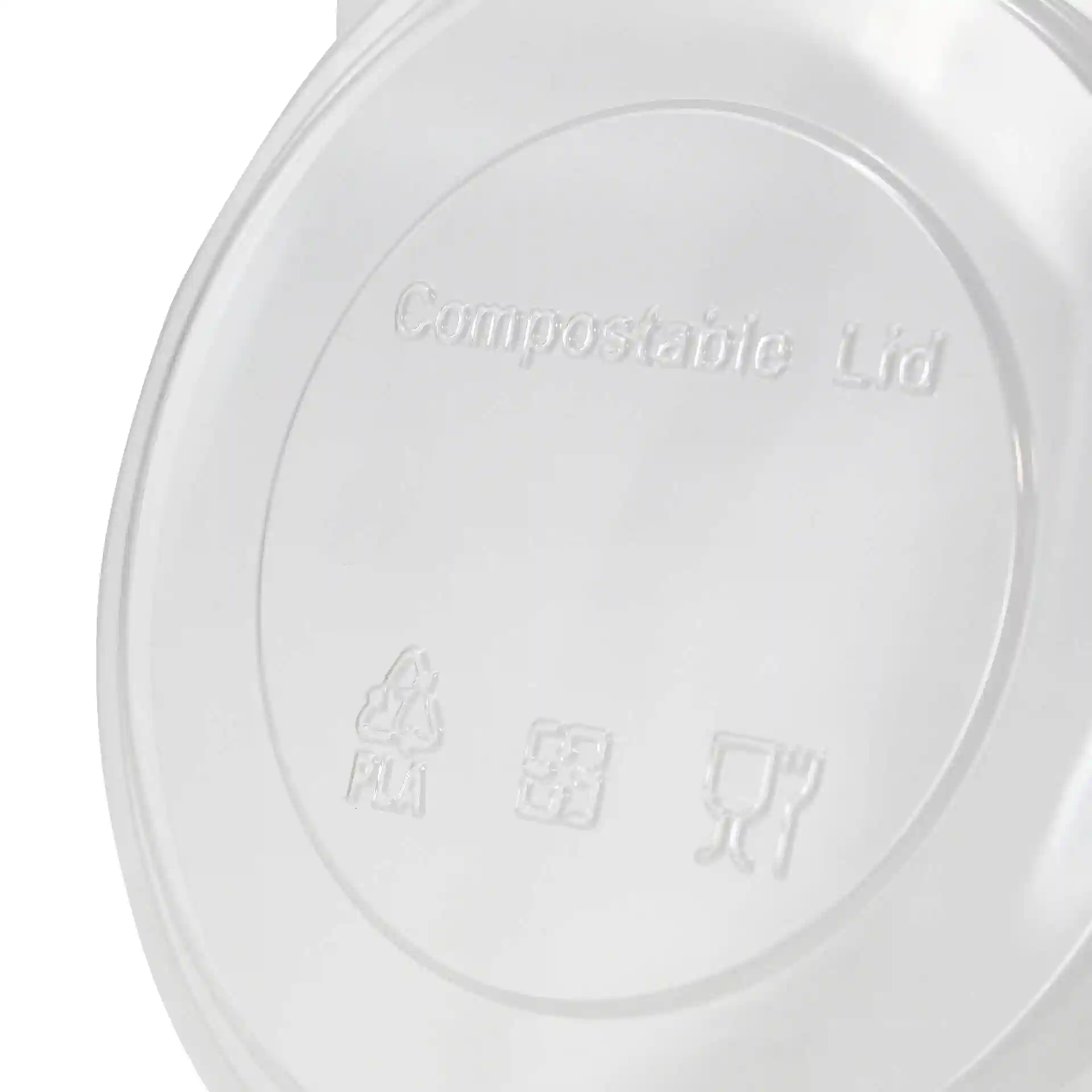 Transparenter PLA-Deckel mit einem Durchmesser von 150 mm, mit geprägten Symbolen und dem Text "Kompostierbarer Deckel".