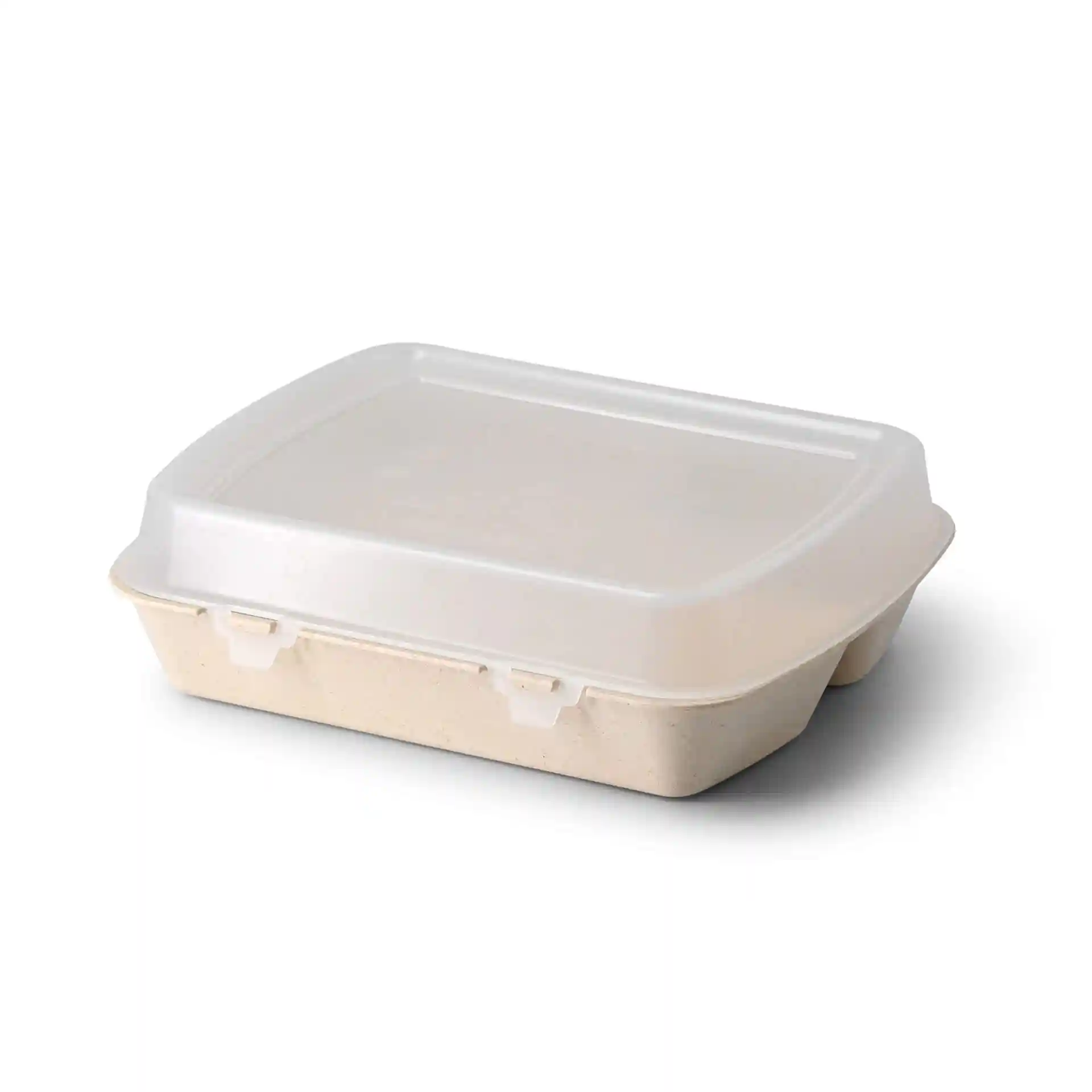 Reusable meal container with a cream white base and a clear lid, featuring three compartments.