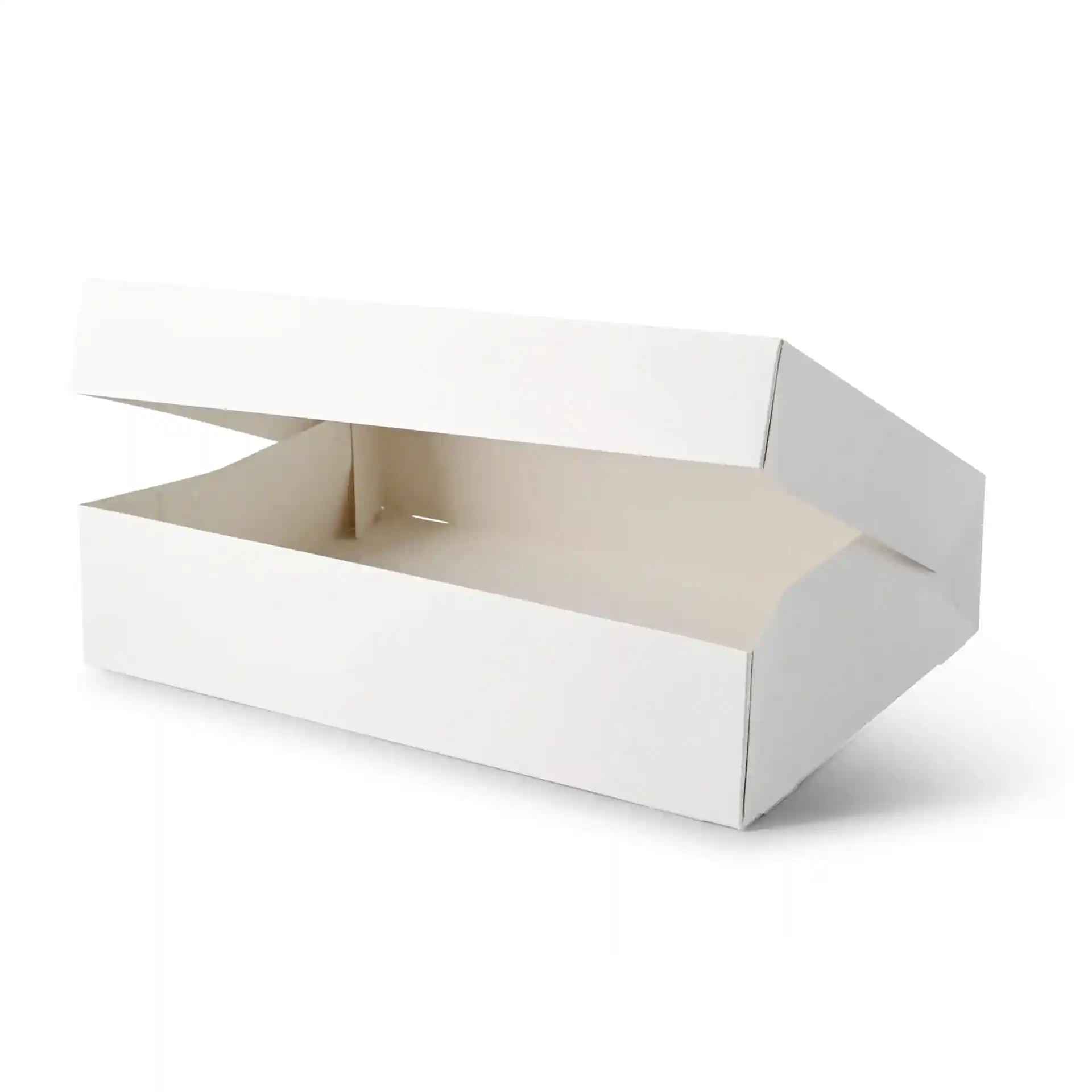 White rectangular cupcake box with an open lid, made of cardboard, featuring a cellulose window.