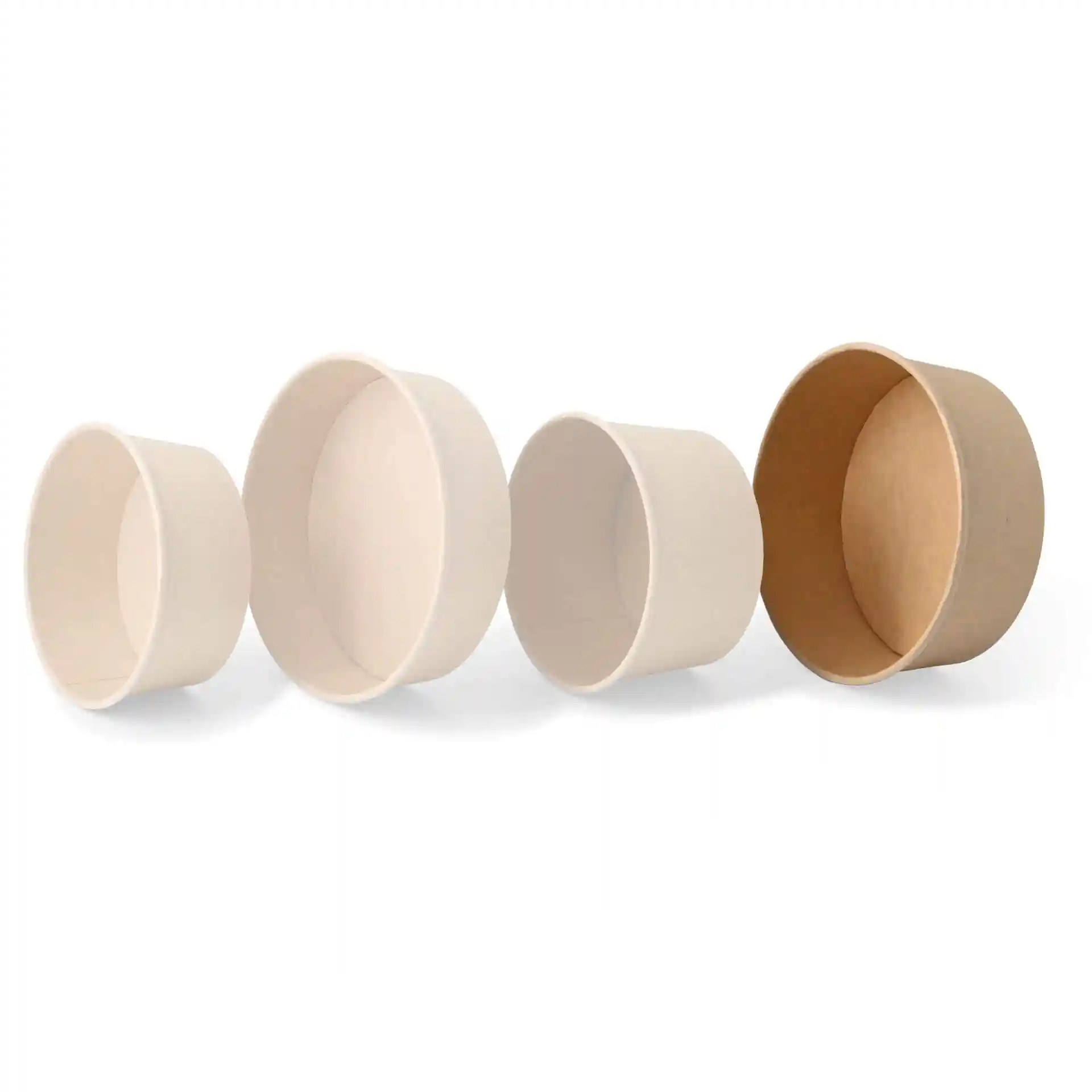 Four round paper bowls in varying sizes, with a brown interior and a coated cardboard exterior.