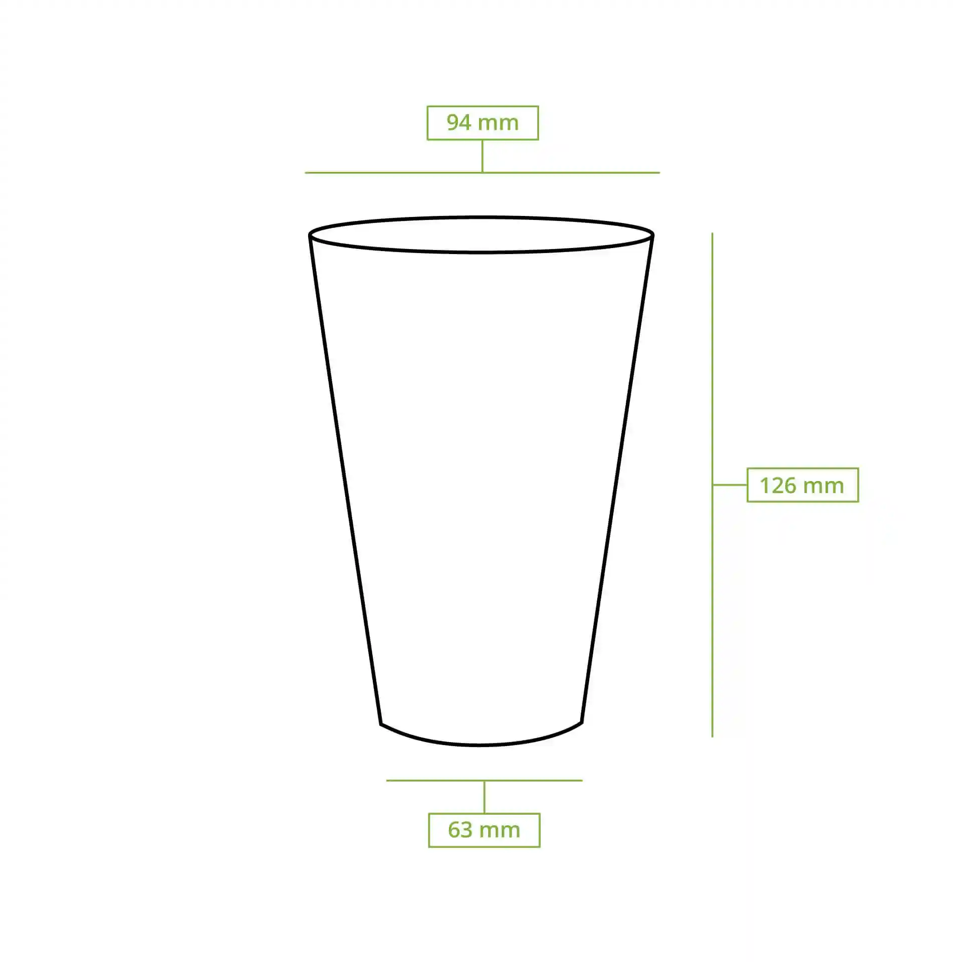 Schematische Zeichnung eines Bechers aus Kunststoff mit den Maßen: Höhe 126 mm, oberer Durchmesser 95 mm, unterer Durchmesser 63 mm.