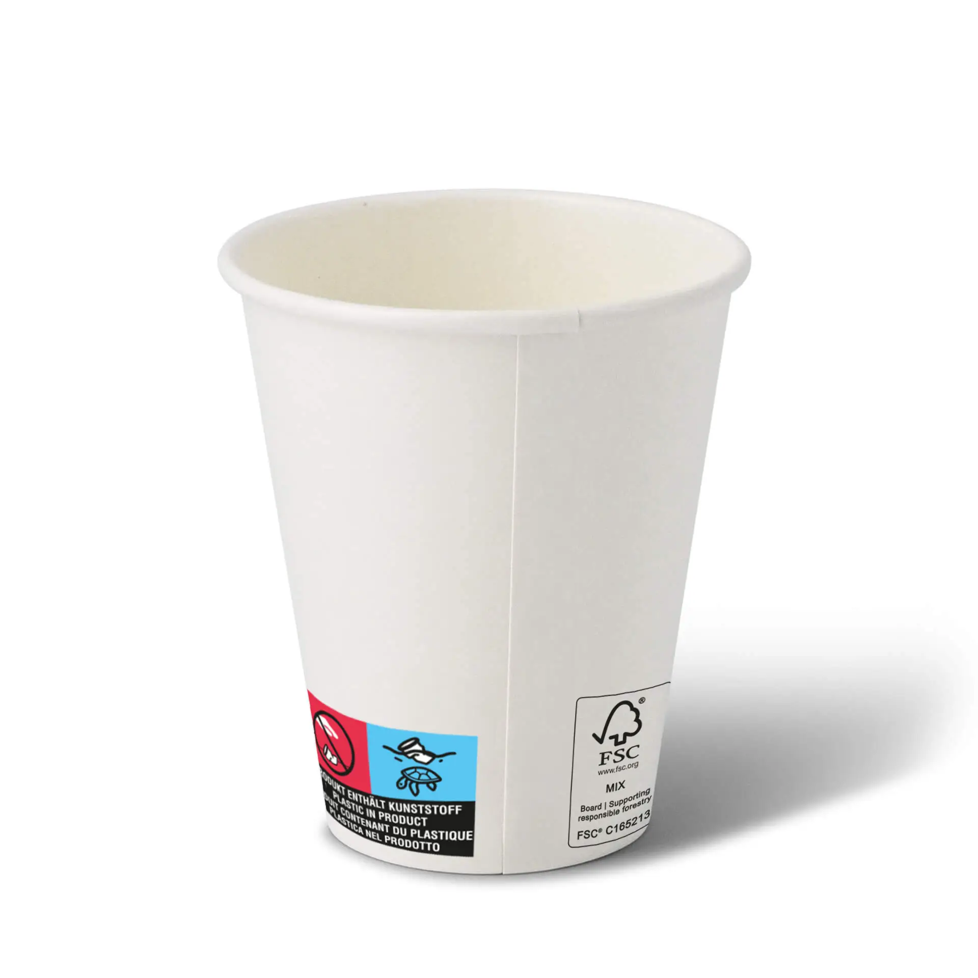 Weißer Becher aus Papier, 10 oz, mit PE-Beschichtung; mit Etiketten und Symbolen für Recycling und Benutzerfreundlichkeit.