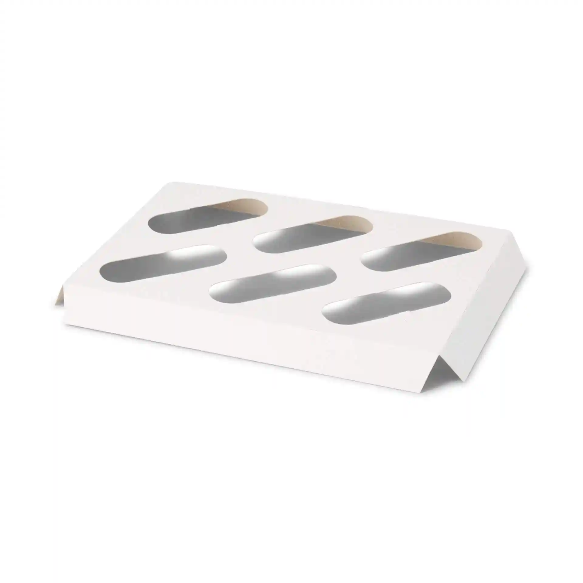 White cardboard insert for cupcake boxes with six oval cutouts. Dimensions are 238 mm length, 163 mm width, and 24 mm height.