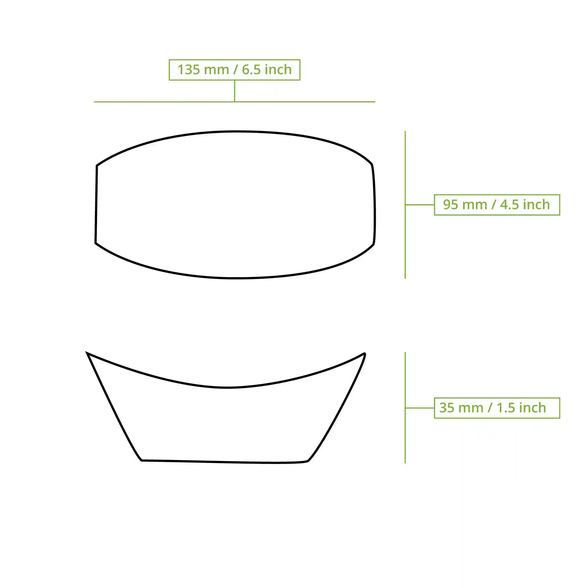 Schematic drawing of a rectangular cardboard snack tray with dimensions labeled: 135 mm by 95 mm by 35 mm.