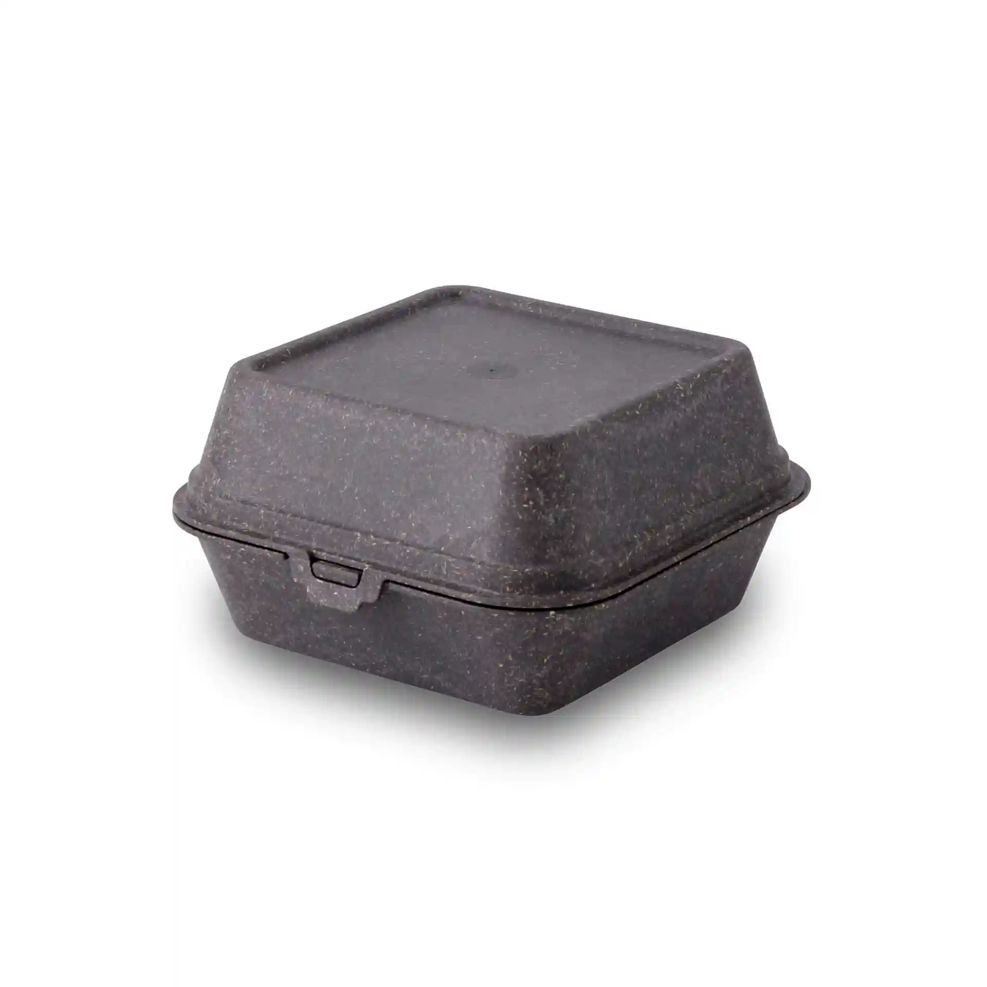 Quadratische graue wiederverwendbare Burgerbox mit Scharnierdeckel, aus biologischem Verbundmaterial.
