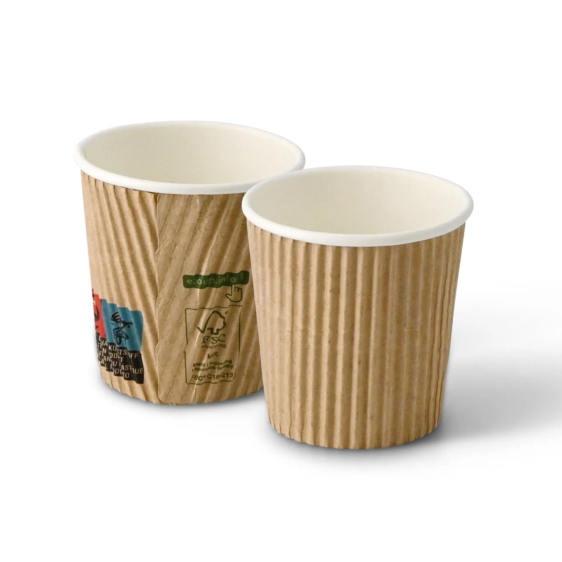One brown ribbed takeaway cup with a white inner coating; another similar cup beside it. Both for hot drinks.