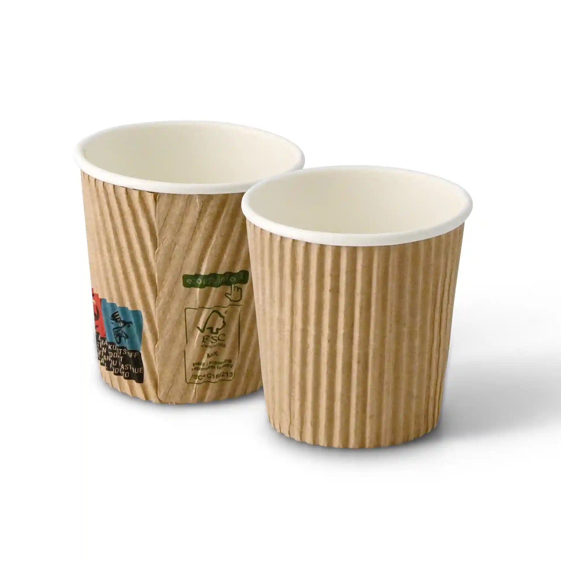 Zwei 4 oz gerippte Becher mit braunem Äußeren und weißem Inneren, einer leicht hinter dem anderen.