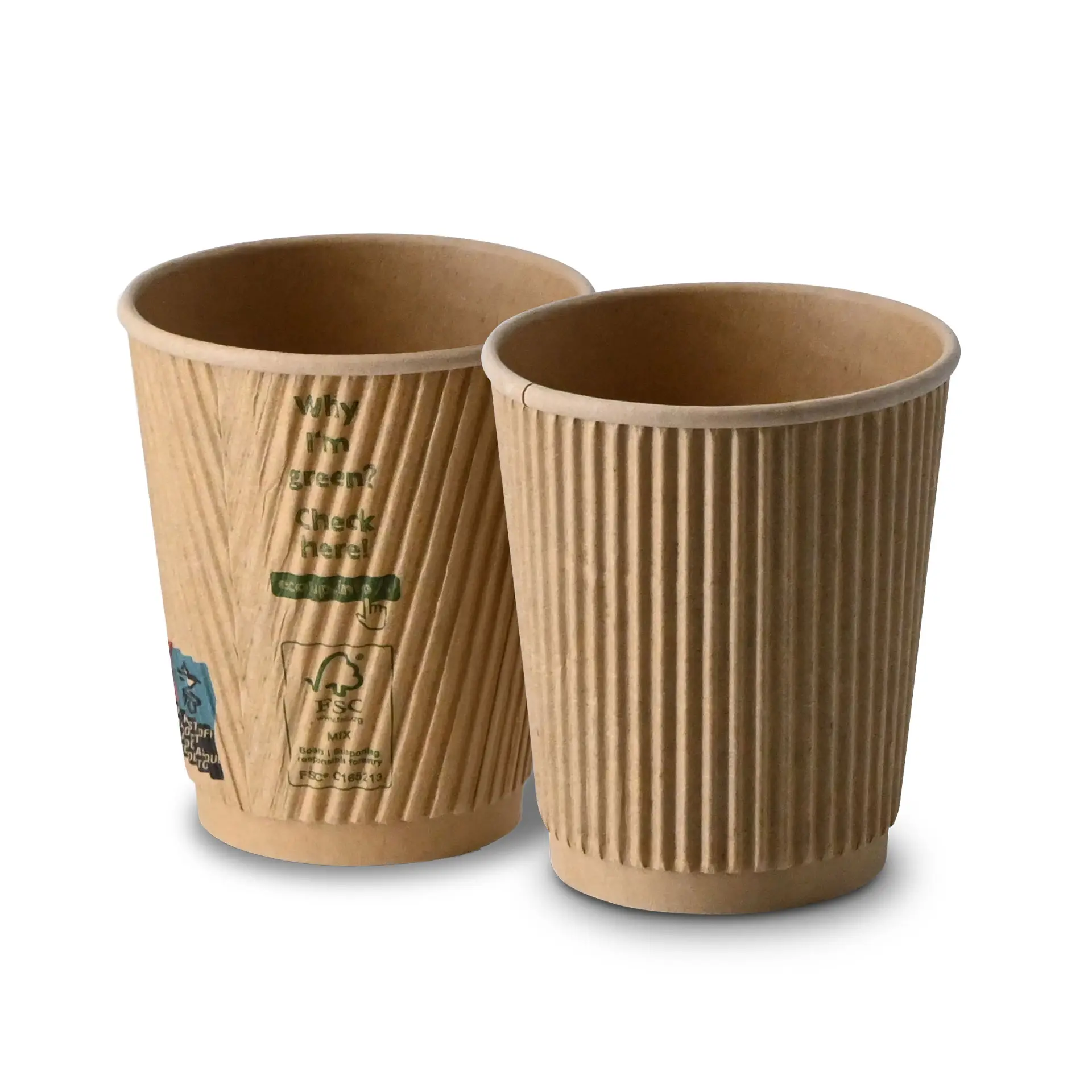 Ein brauner Rippenbecher mit PLA-Innenbeschichtung; ein ähnlicher Becher im Hintergrund. Beide für warme Getränke geeignet.