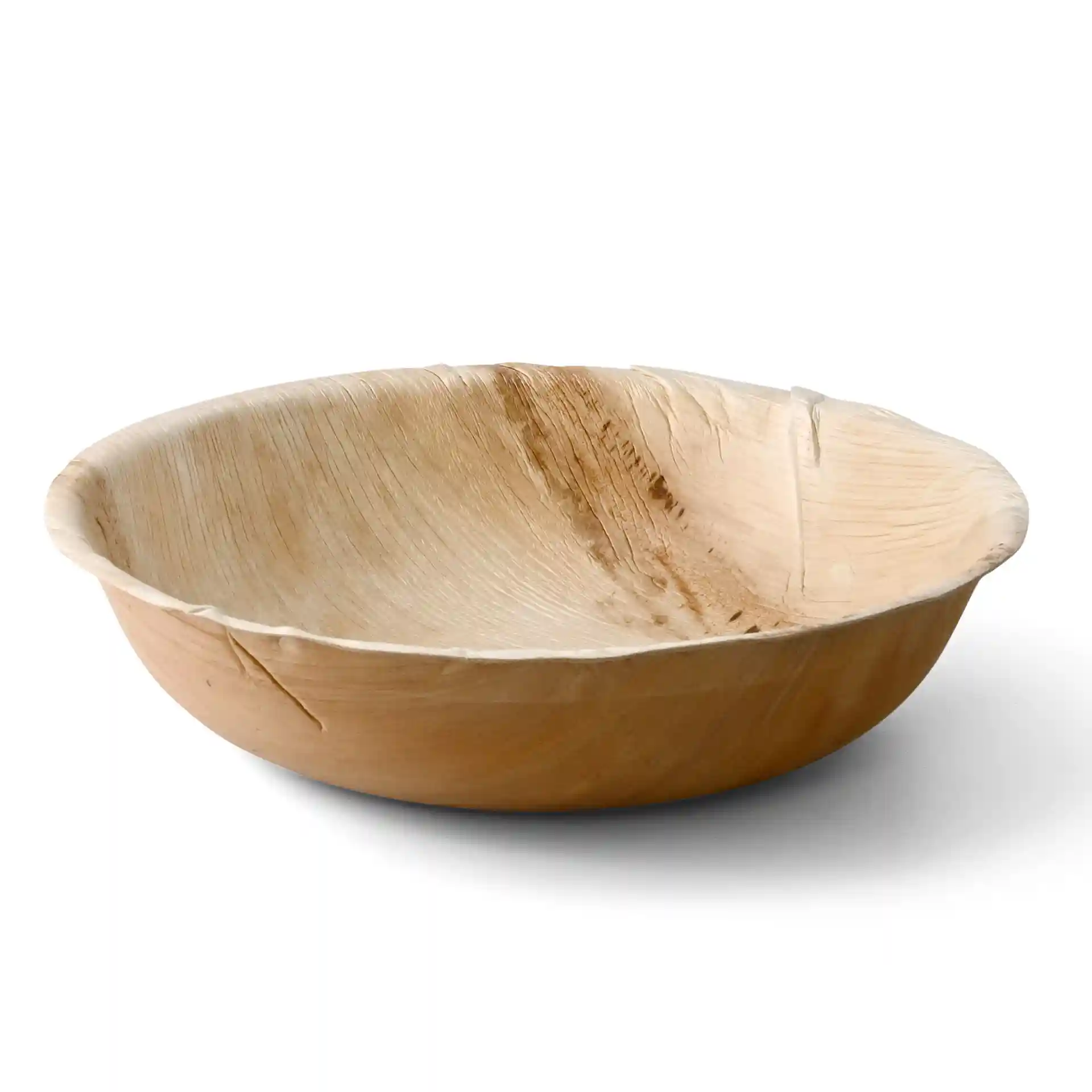 Runde Palmblatt-Schüssel mit einem Durchmesser von 30 cm und einer Höhe von 7 cm, mit natürlicher Maserung.