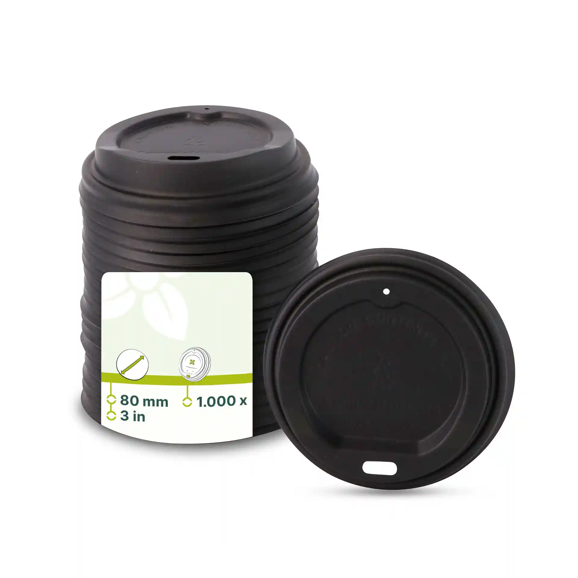 Black CPLA lid with a drinking hole, measuring 80 mm in diameter, stacked with a label showing product details.